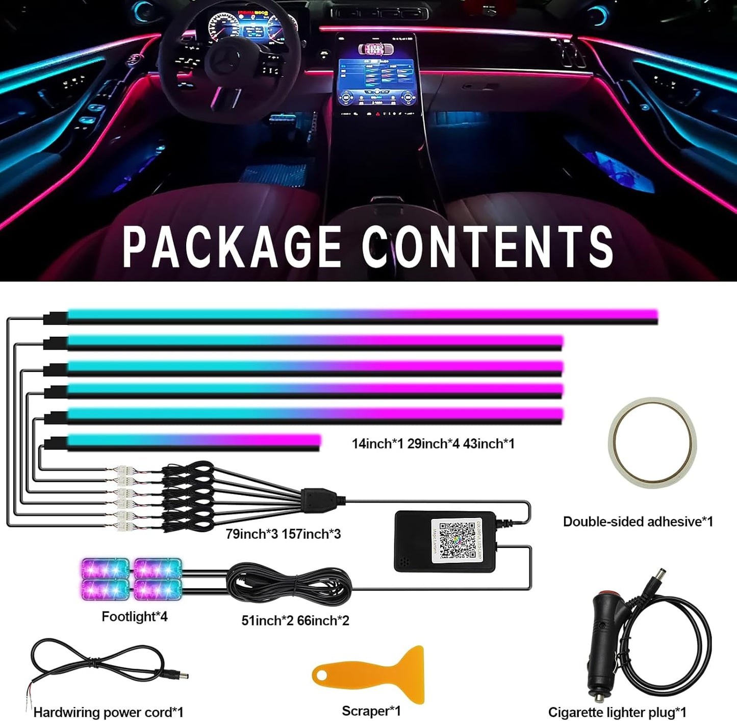 Dreamcolor Interior Car Lights, WEBUPAR Car Accessories 10 in 1 Car LED Strip Lights with APP Control and 213 Modes, 175 inches 593 LEDs Acrylic Fiber Optic Lights, RGB Neon Car Lighting