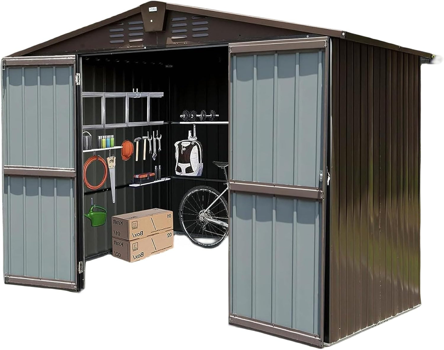 IKERY Metal Storage Shed 10' x 8' with Double Lockable Doors - Large Garden & Backyard Tool Shed for Bikes, Weather-Resistant - Brown