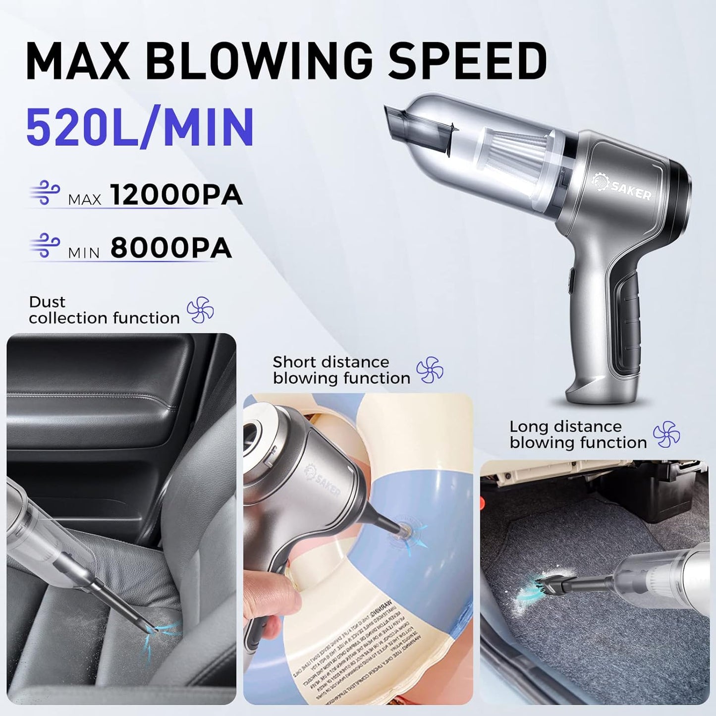 Saker Handheld Vacuum Cleaner Car - Wireless Mini Vacuum Cleaner 3 in 1 Multifunctional Brushless Motor 12000PA with USB-C,Portable Handheld Car Vacuum Cleaner for Keyboard Cleaning, Outdoor and Home