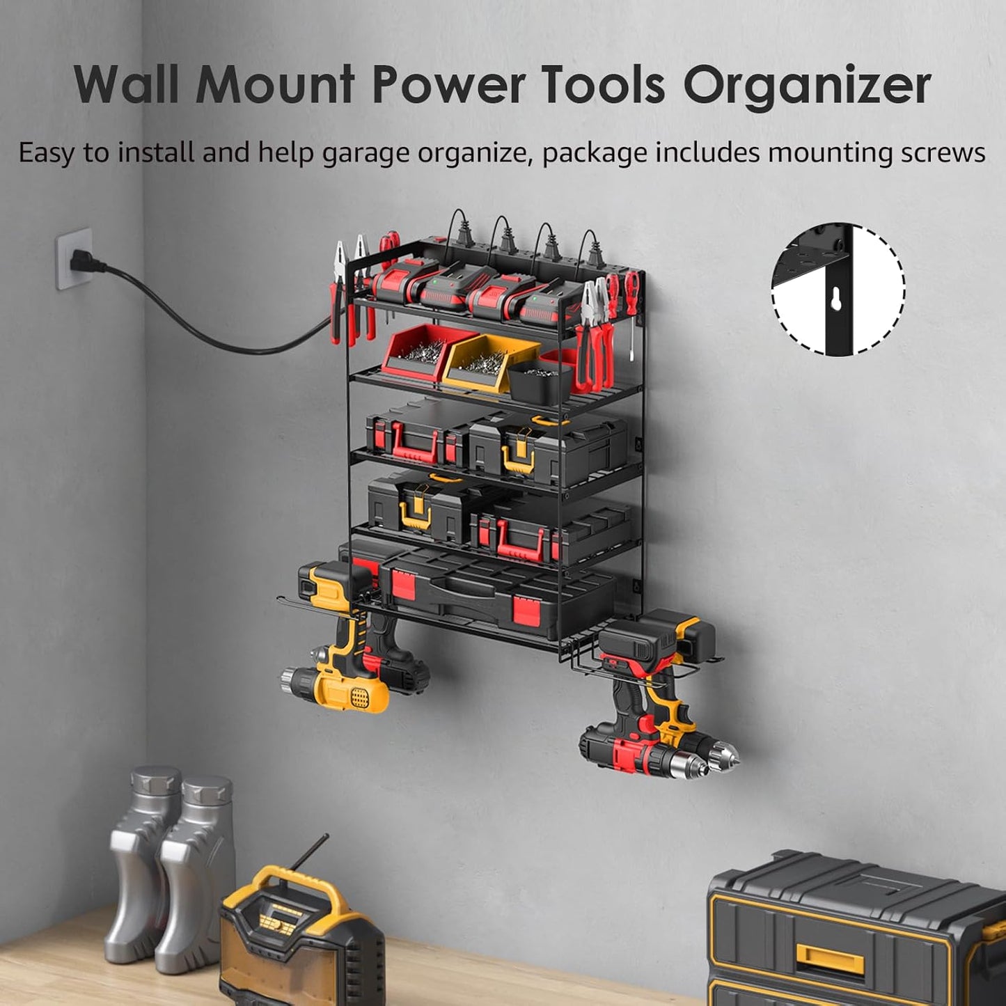 CCCEI Garage Tools Storage with Charging Station. Power Tool Battery Organizer Utility Shelf with Power Strip. 4 Drills Holder Wall Mount Rack, Black 5 Layer.