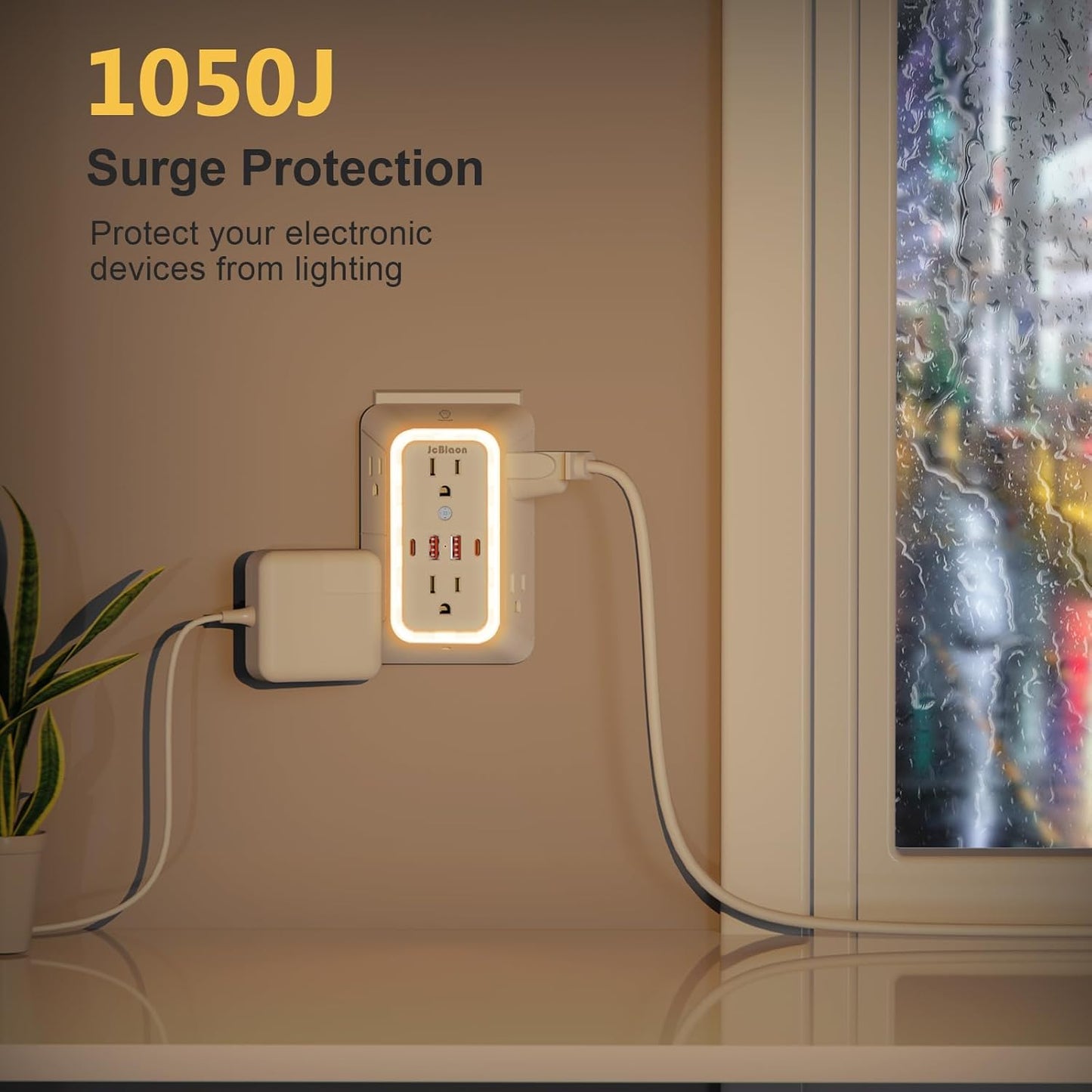 Wall Outlet Extender with Night Light, Power Plug Adapter Multi Plug Outlet Surge Protector with 4 USB Charging Ports (2 USB C), Adapter Spaced Outlets for Home Travel Office