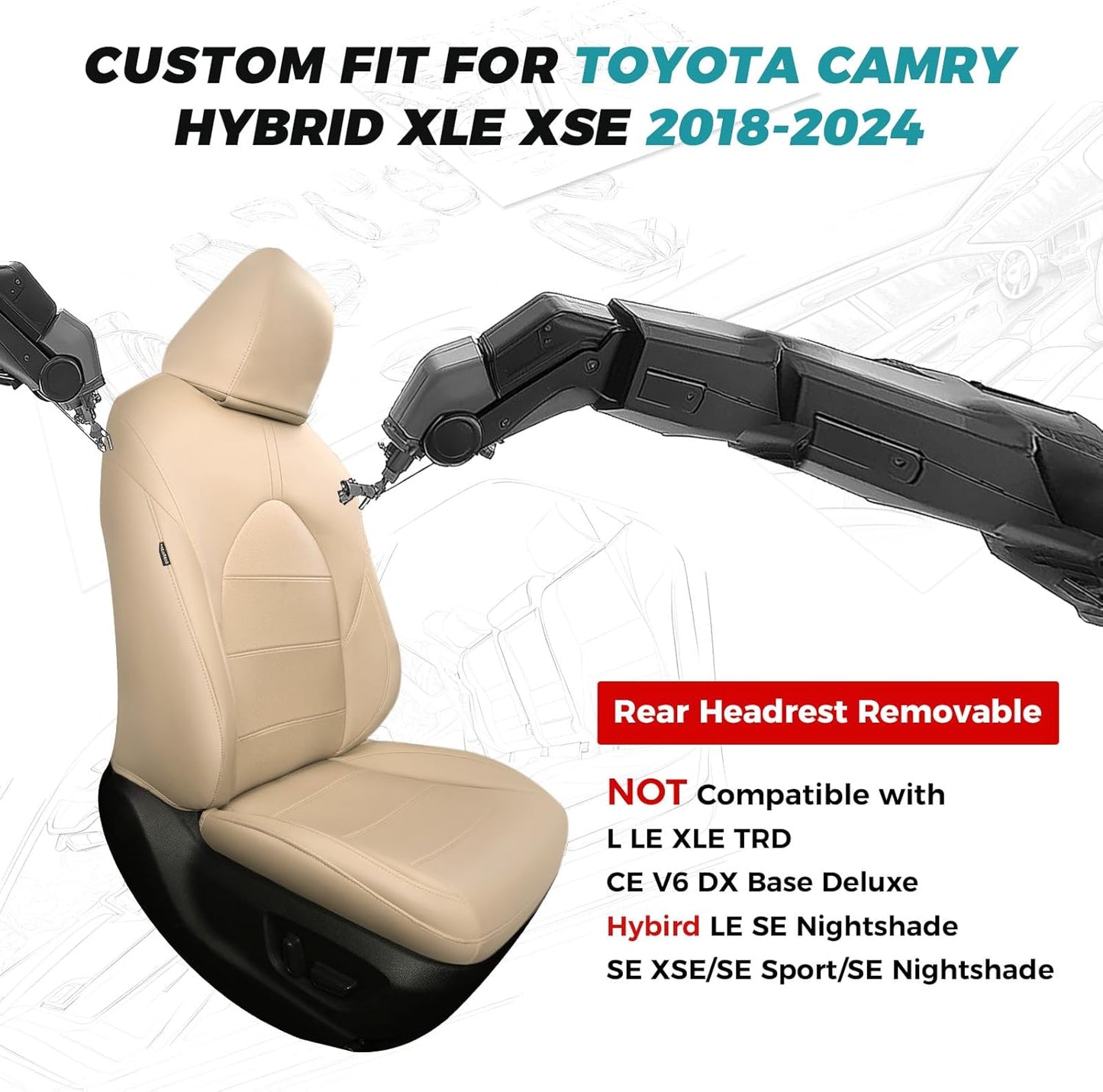 for Toyota Camry Seat Covers Hybrid XLE XSE 2018 2019 2020 2021 2022 2023 2024 - Custom Car Seat Covers Full Set, Leather Seat Cover for Cars, Waterproof Breathable Cushion Protectors Beige