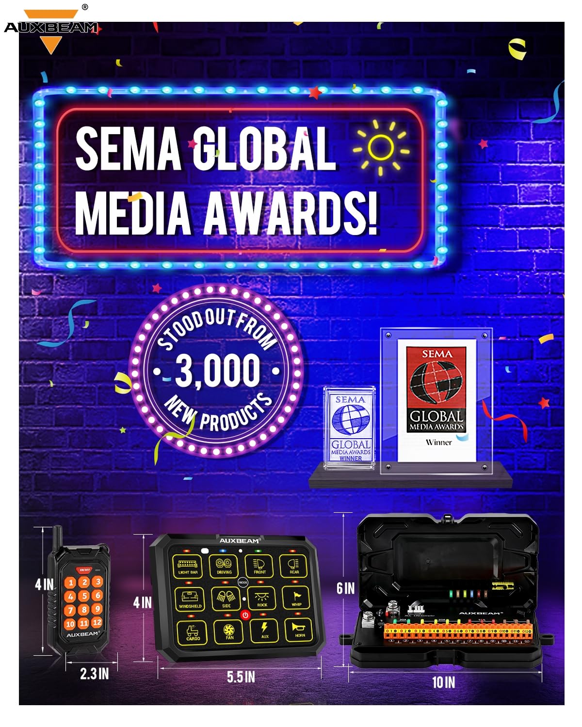 Auxbeam RGB 12 Gang Bluetooth Switch Panel AC-1200 w/165FT Long Range 433MHz Wireless Remote Control, Auto-Dimmable Panel w/Toggle Momentary Pulsed, Unique Patented Design Switch Pod Waterproof