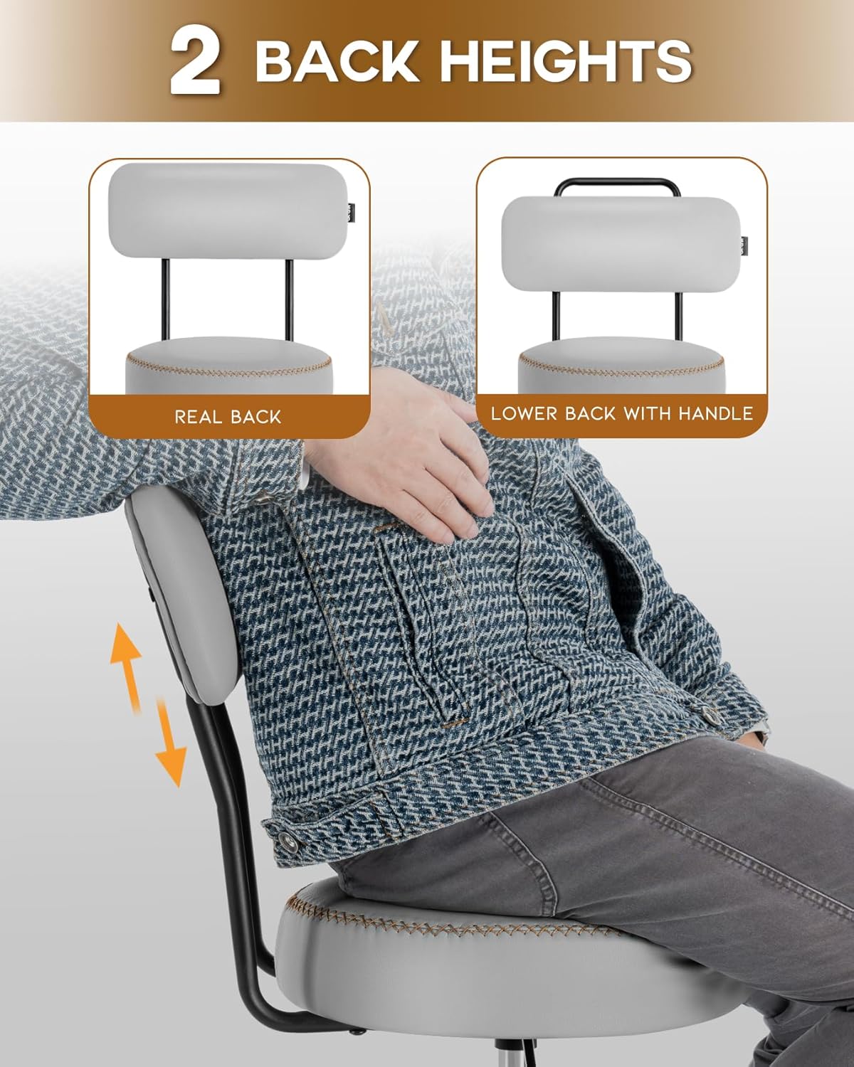 Shop Stool with Lockable Rubber Wheels Adjustable Backrest Tool Tray Storage 400 lb Capacity Rolling Garage Stool (Grey)