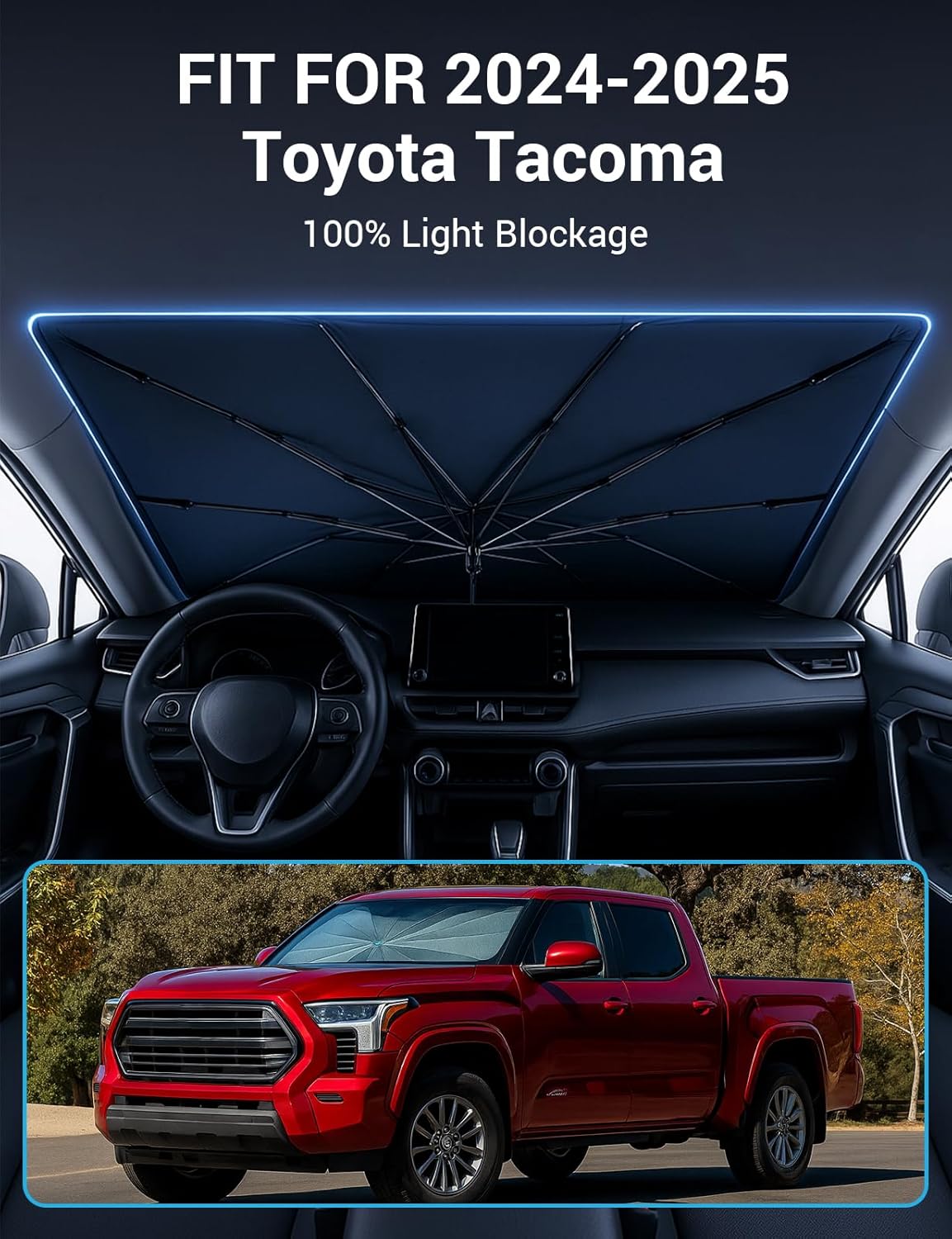 Proadsy Windshield Sun Shade Umbrella for Toyota Tacoma 2024-2025 2026 Foldable Car Umbrella Sunshade with Soft TPU Handle Spring Structure Crystal Cooling Material Protect Car from Rays & Heat