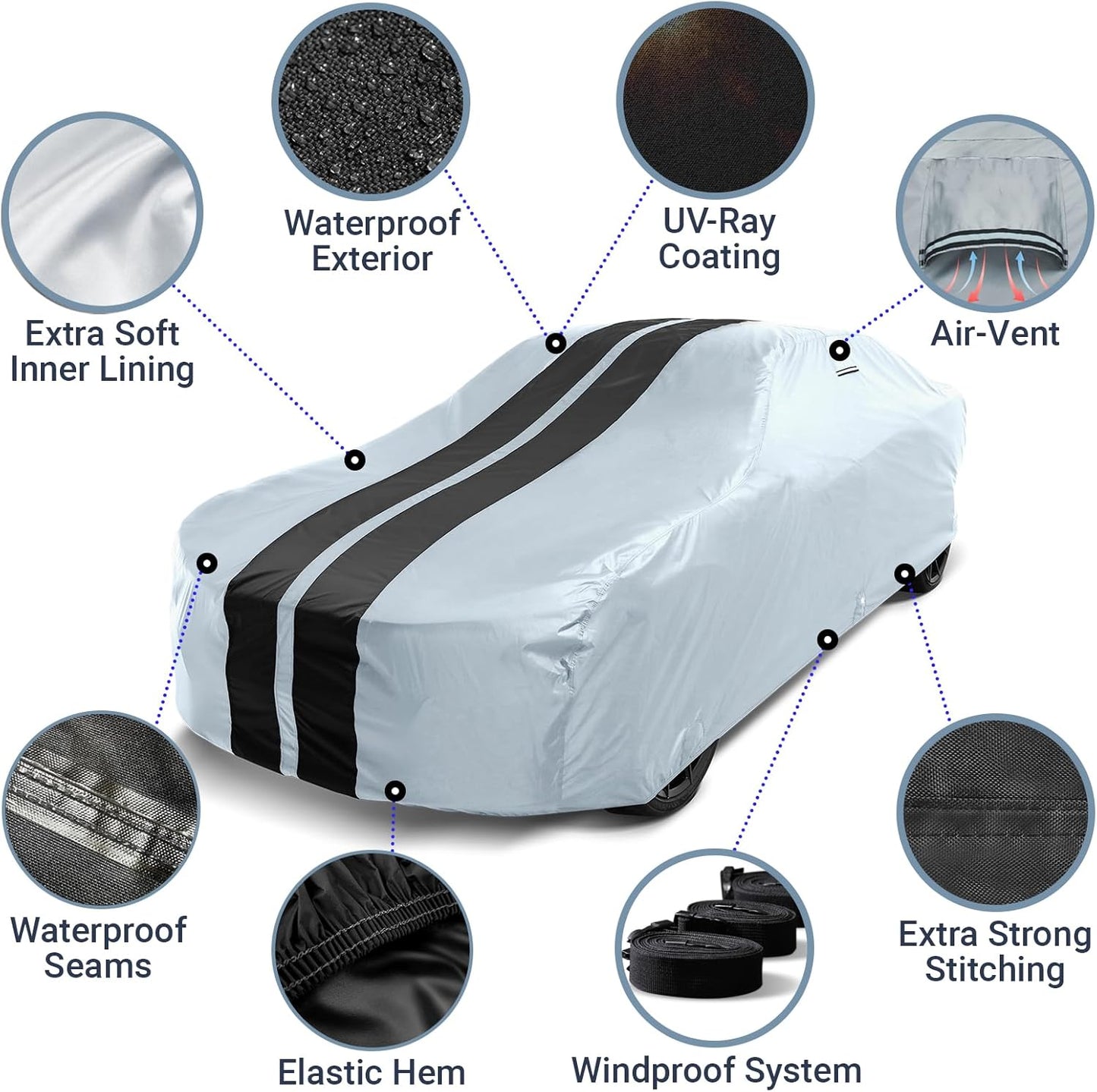 iCarCover Custom Car Cover for Chevy Bel Air 4-Door (1958-1964) Waterproof All Weather Rain Snow UV Sun Protector Full Exterior Indoor Outdoor Car Cover (Stripe - Gray/Black
