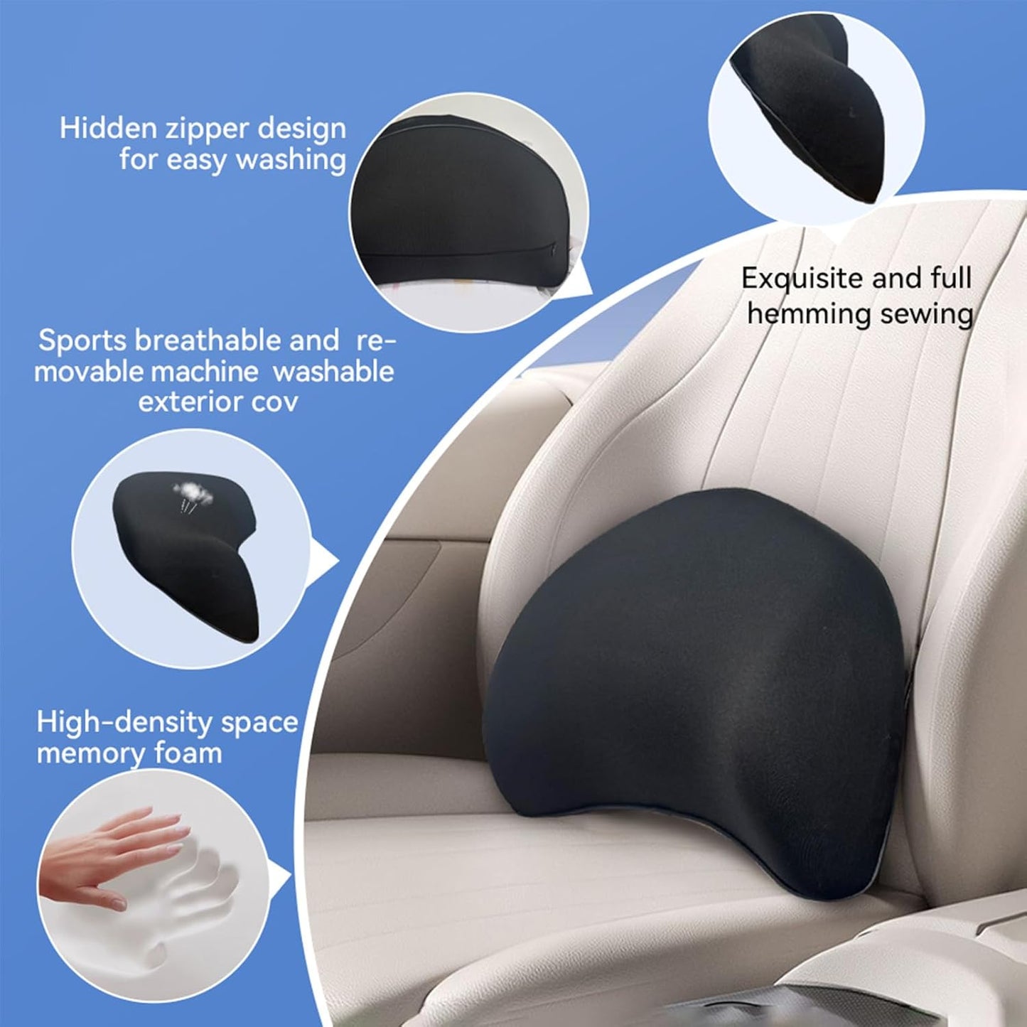 Really Supportive Lumbar Support Pillow for Car, 100% Memory Foam Lumbar Pillow with Breathable Removable Cover, Ergonomic Design - Back Pillow for Car Seat/Back Pain Relief(Timeless Black, 1PC)