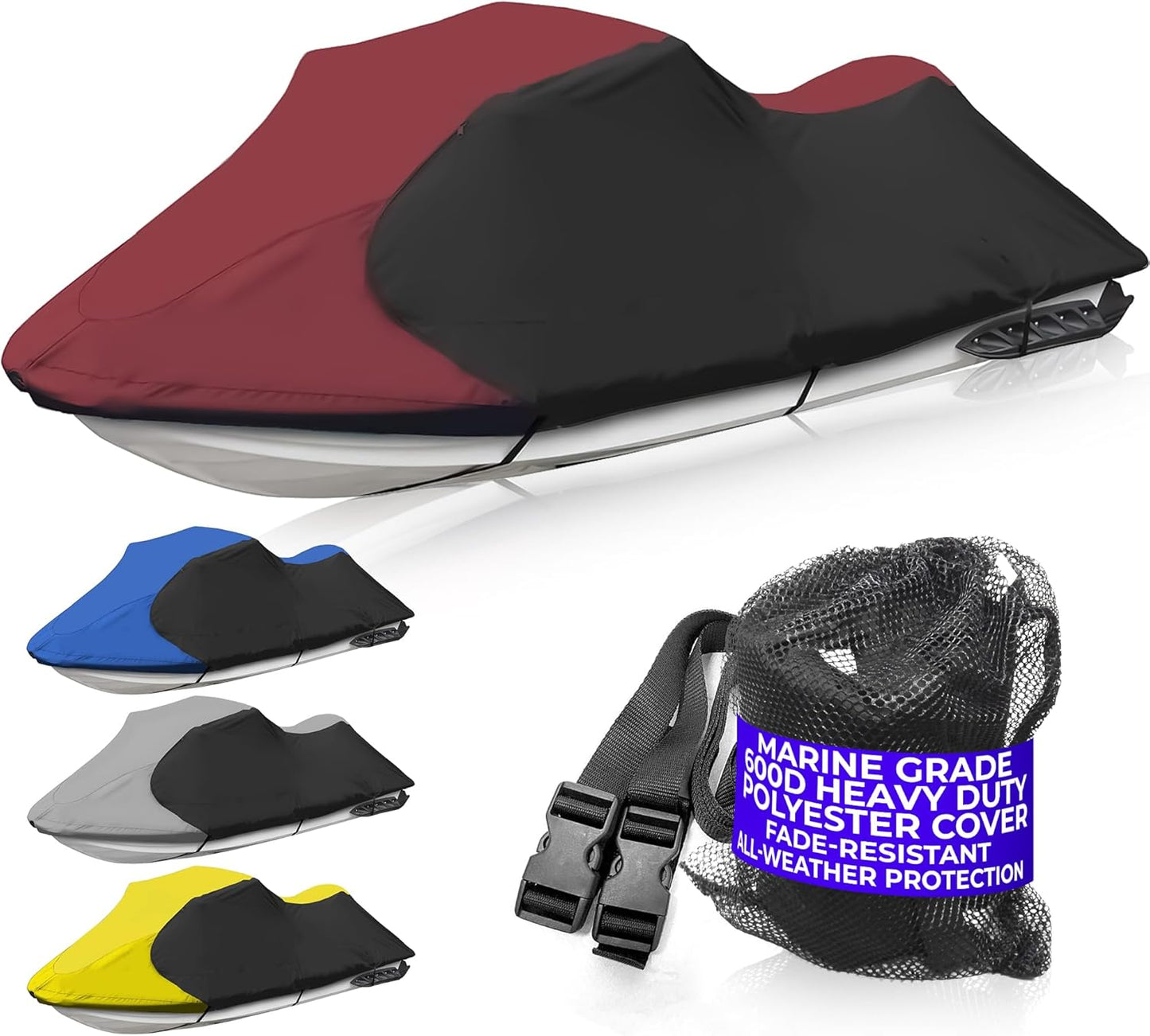 Trailerable Jet Ski Cover, Waterproof Marine Grade 600D Heavy Duty Polyester PWC Cover Burgundy/Black Fits from 103"-115" 1 or 2 Seater