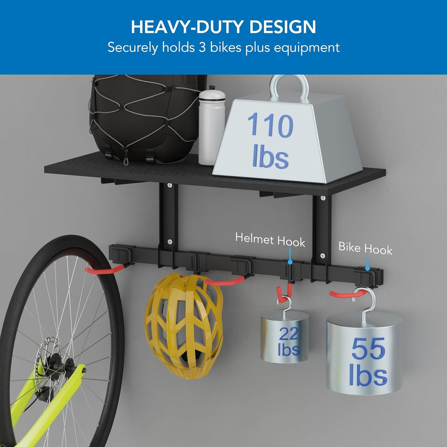 Mount-It! WheelsUp Bike Wall Mount with Shelf | Garage Storage Rack for 3 Bikes & Accessories | Adjustable Padded Hooks, 110 lb Shelf Capacity | Ideal Bike Rack Garage Wall Mount for Organized Spaces