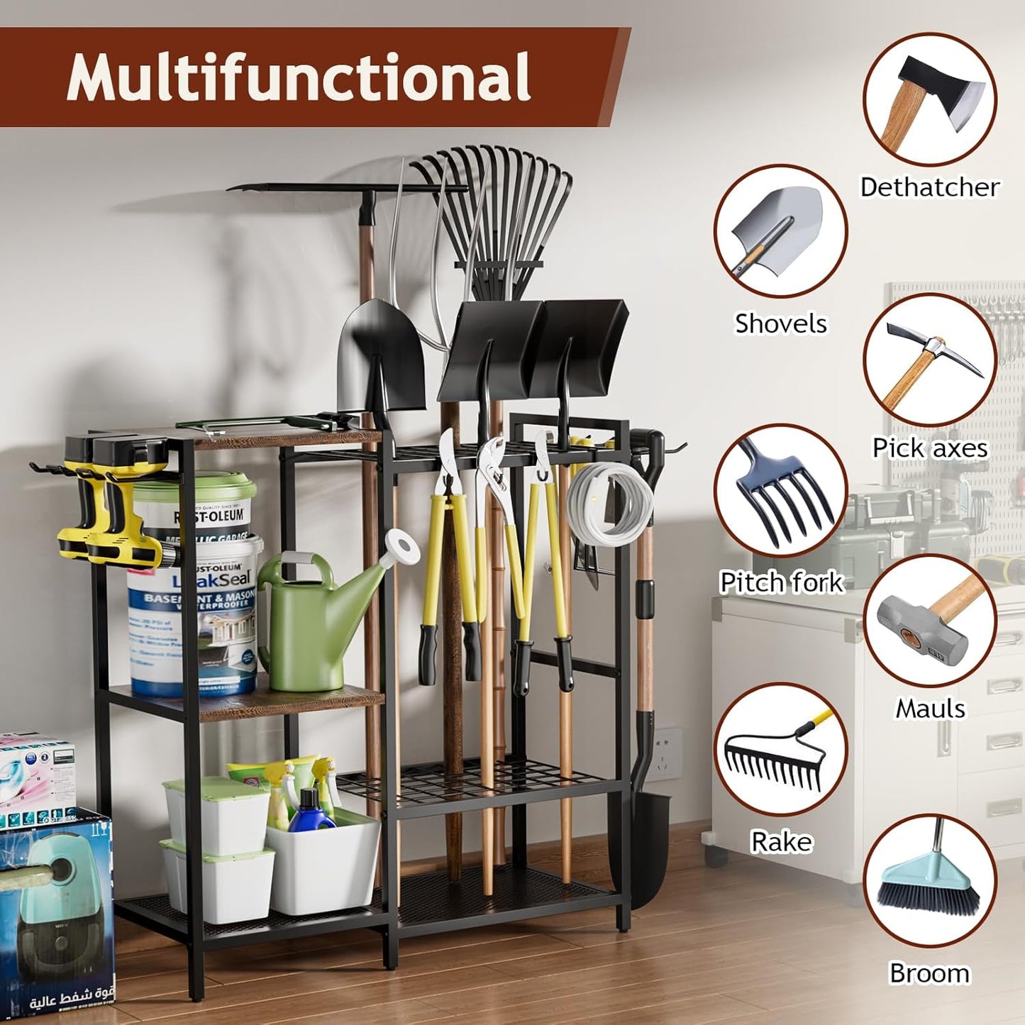 Garden Garage Tool Organizer - with 3-tier Shelves, Yard Tool Organizer for Garage with 4 Hooks, Heavy duty Steel Garden Tool Rack Holds up to 48 Long Handled Yard tools for Storage
