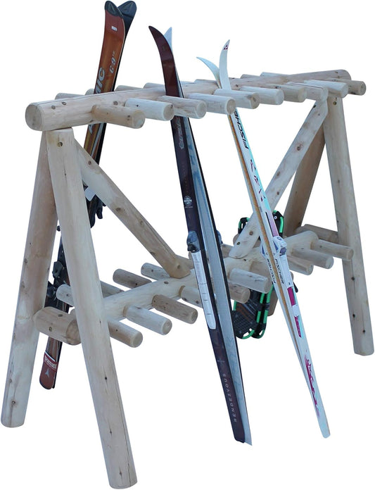 21-Place Freestanding Log Ski Rack Holder, Indoor & Outdoor Snowboard Racks, Standing Storage, Garage Racks for Snow Skis & Poles, Snowboard Rack Garage Storage Organizer - Unfinished + 15" Anchor Kit