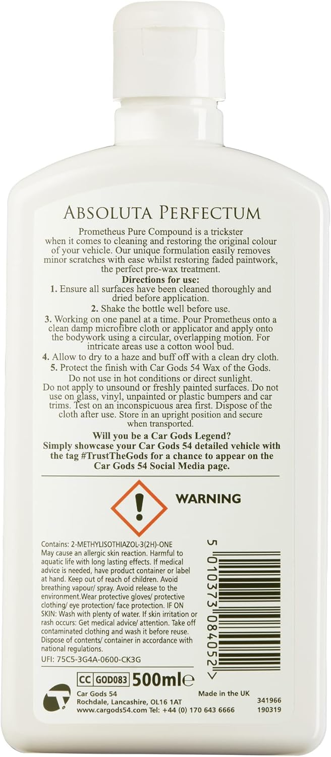 Car Gods Pure Compound Colour and Clarity Restorer, 17fl Oz, Hand or Machine Use for Paintwork - Metamorphic Formulation Smooth Uneven Scratched Areas Restore Paint Finish