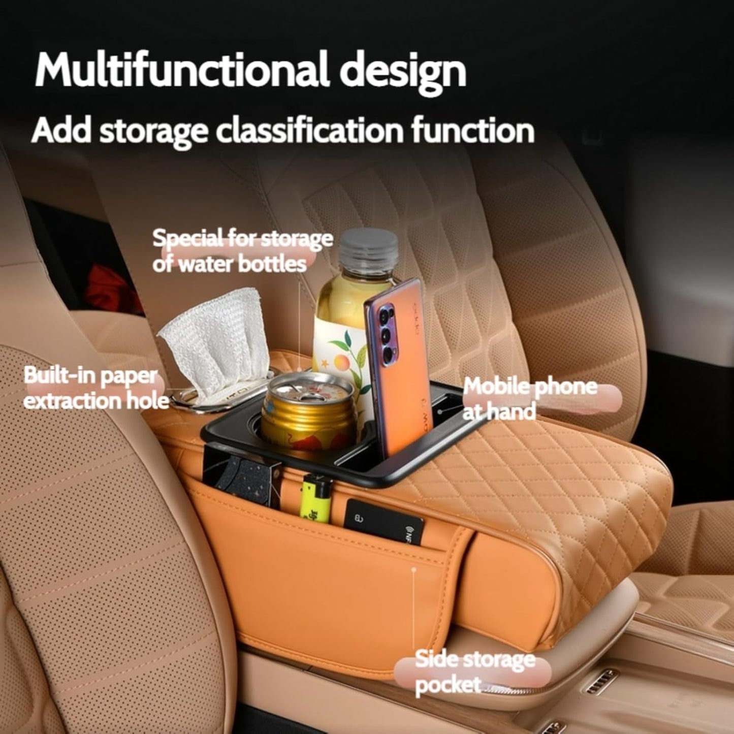 Car Center Console Cover Booster Multifunctional Car Center Console Cushion Pad with Cup Holder & Tissue Box & Side Pockets Arm Rest Cover for Car, Embossed, Black-red