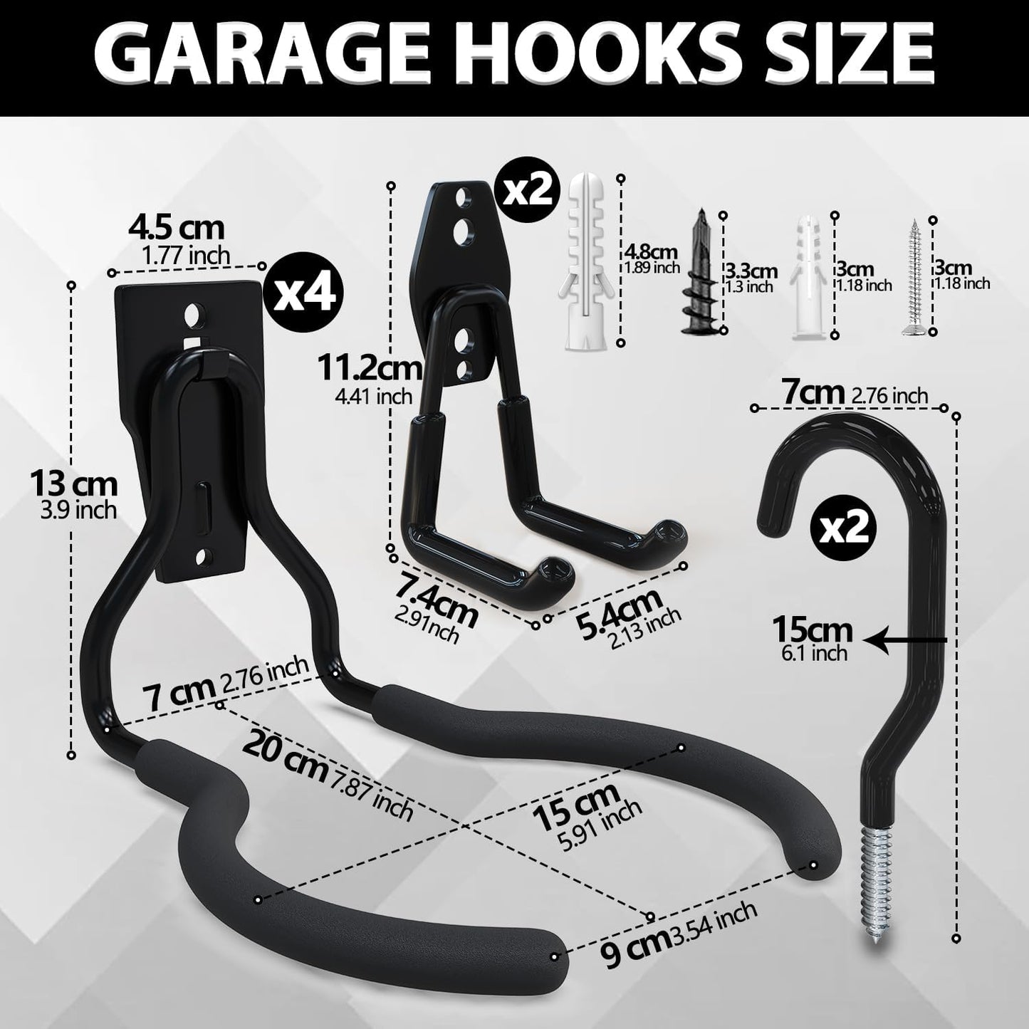 3-H Weed Eater Hanger 4 Pack,2 Garden Hose Holder,2 Screw in Hooks,Utility Weedeater Rack,Tool Hangers for Organizing and Hanging Weed Wacker,Leaf Blower,String Trimmer in Garden