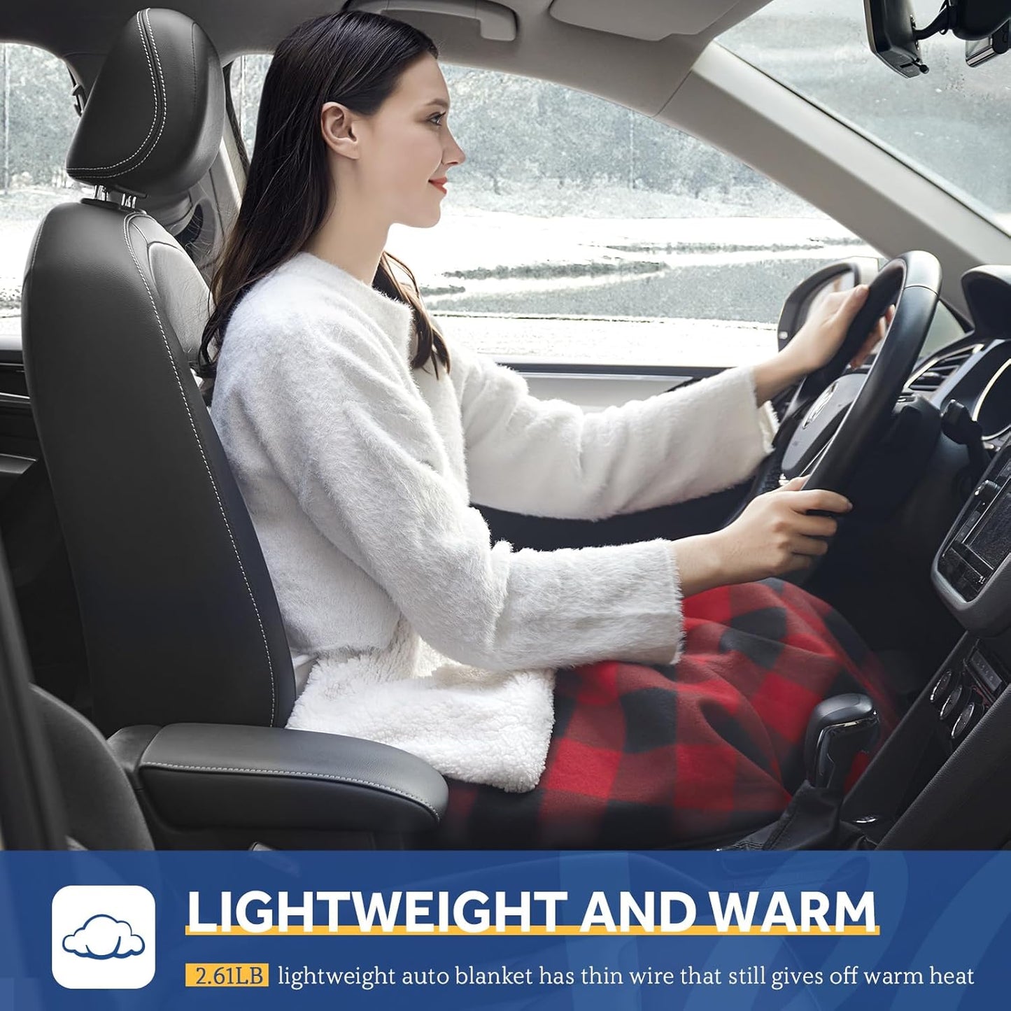 Sealy 12-Volt Heated Car Blanket, Portable Electric Blanket with 3 Heating Levels & 4 Hours Auto Off for Car, Truck, SUV, RV or Camping, Machine Washable, 59" X 43", Plaid