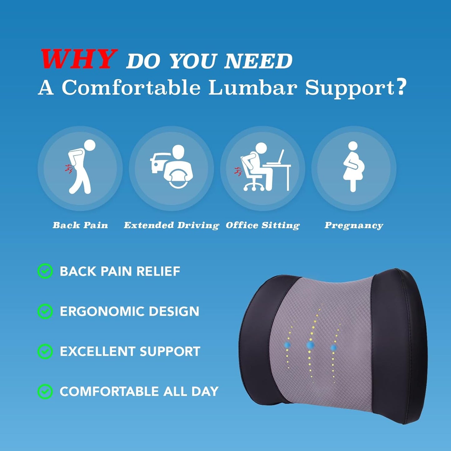 Lumbar Support Pillow for Car, Memory Foam Lumbar Pillow for Lower Back Pain Relief - Back Cushion for Driving, Chair Support for Car-Office Chair, Wheelchair - Black&Gray