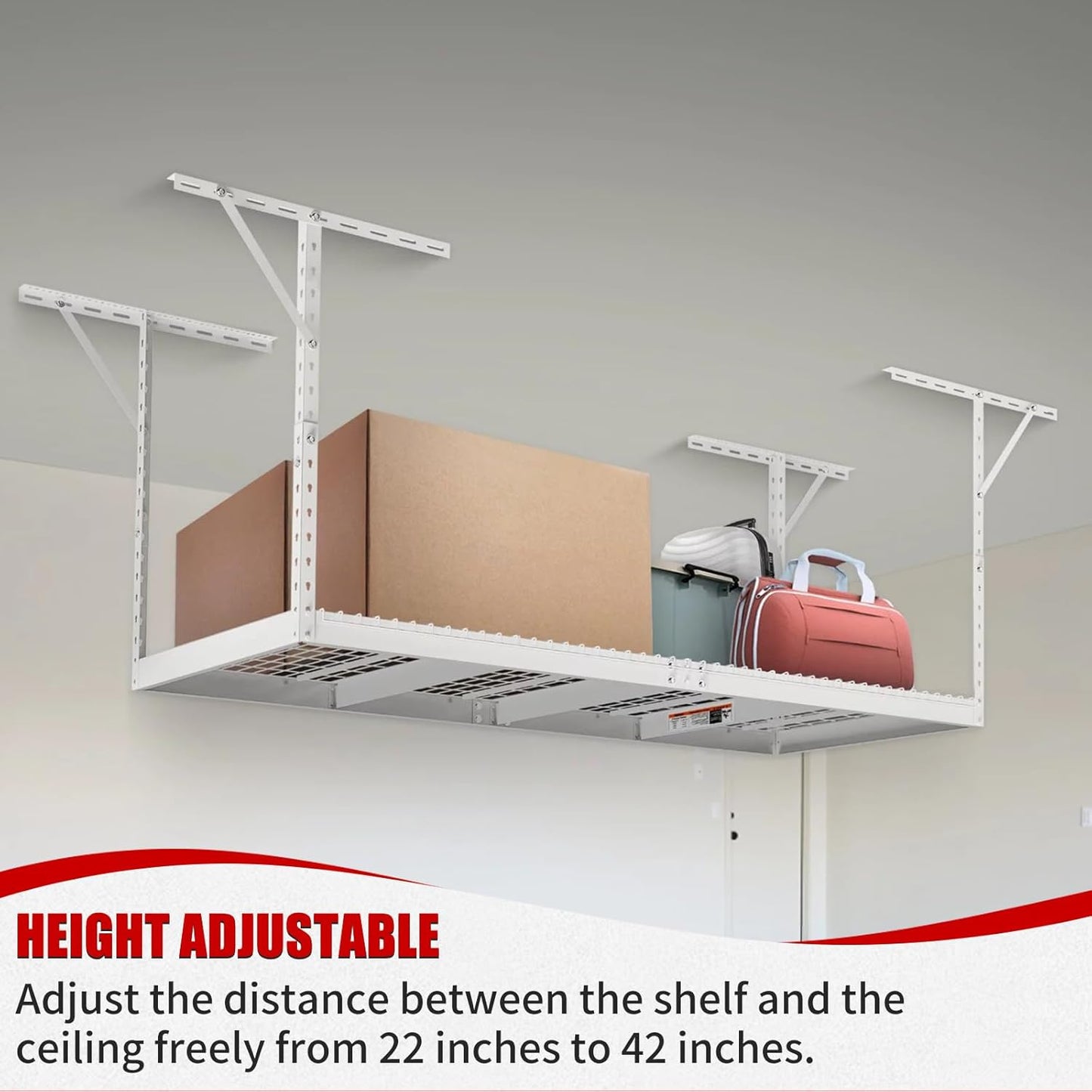 Heavy Duty Overhead Garage Storage Rack, Adjustable Organization System, Metal Garage Ceiling Storage Racks, White