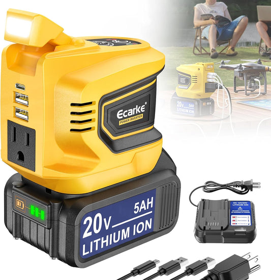 Power Inverter 200W Portable Power Station Generator Compatible with DeWALT 20V,20v to AC 110v,Supply Charger Adapter with Dual USB,AC Outlet and Type-C with 5Ah Battery & Charger Station Kit