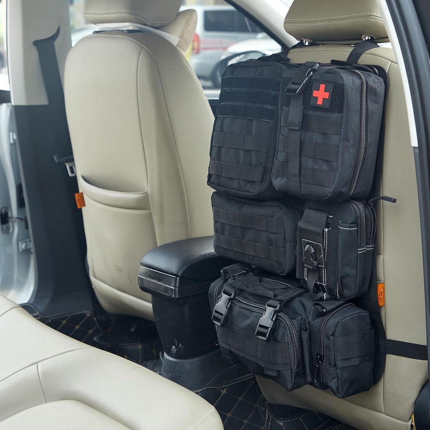 Universal Tactical Seat Back Organizer Vehicle Molle Panel Organizer Storage Bag with 5 Detachable Molle Pouch for All Vehicel Such as Jeep,Truck,SUV, Car, Ford,Chevy etc
