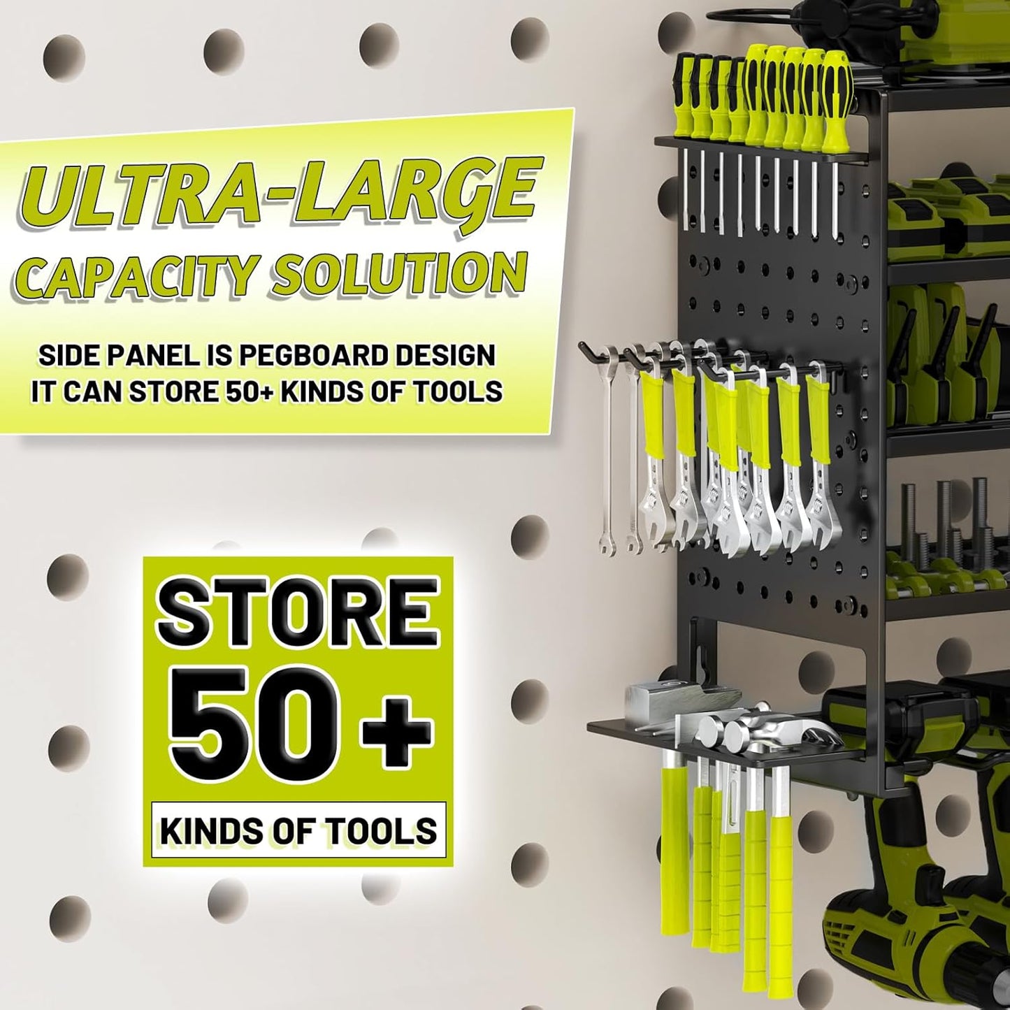 5 Layers Power Tool Organizer Wall Mount, Metal Cordless Tool Storage Rack Holder with 8 Drill Holders, Heavy Duty Garage Wall Tool Shelf for Workshop Tool Room Men Husband Father Gift Black