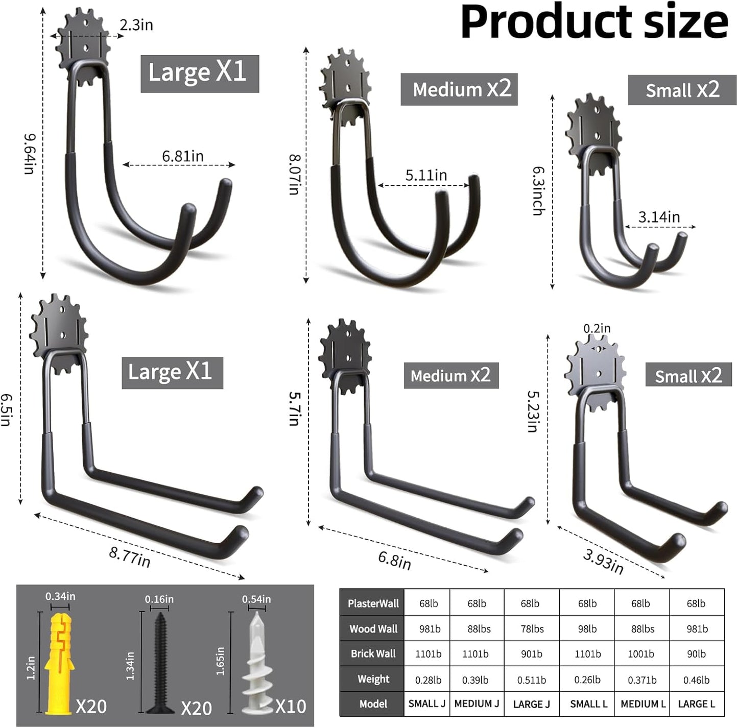 Heavy Duty Steel Storage Hooks - Utility Wall Mount Hooks with Anti-Slip Coating, Holds Bike, Ladder & Tools