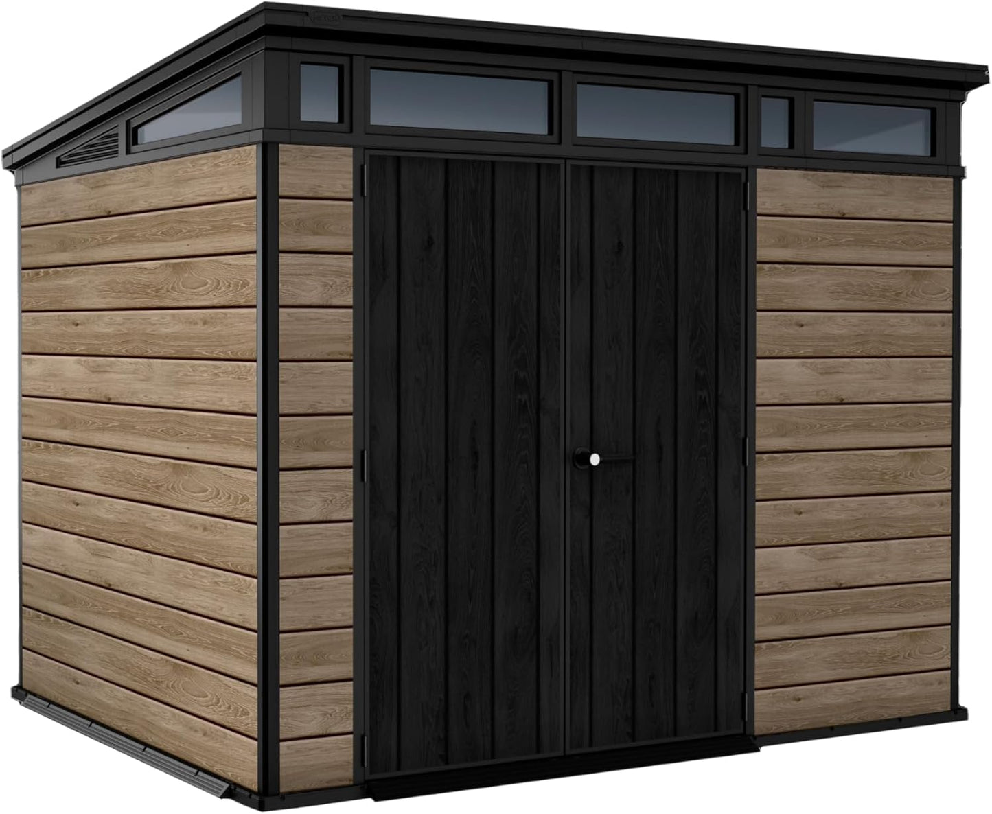Keter Signature Collection 9x7 Ft All-Weather Storage Shed with Skylight, Window, Built-in Ventilation, Customizable Walls, & Lockable Double Doors, Ashwood