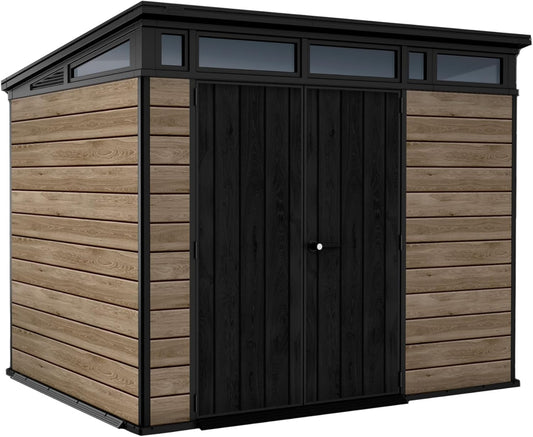 Keter Signature Collection 9x7 Ft All-Weather Storage Shed with Skylight, Window, Built-in Ventilation, Customizable Walls, & Lockable Double Doors, Ashwood