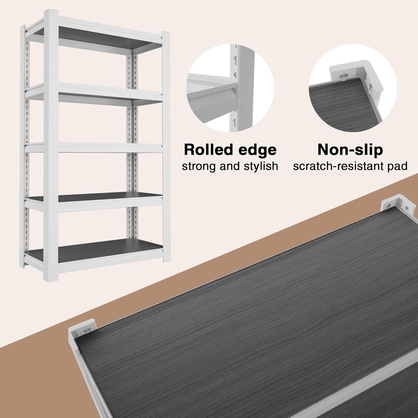 WORKPRO House 5-Tier Shelving Unit, 3000lbs Adjustable Storage Shelves, Boltless Book Shelf, Shelf Organizer for Kitchen, Living Room, Bathroom, Wood Grain Pattern, Waterproof Board, 24-1/10"W, White