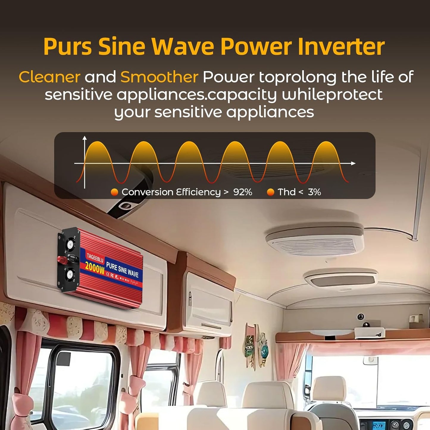 2000W Pure Sine Wave Inverter, 12V DC to 110V/120V AC Power Inverter for RV、Microwave、Off Grid、Truck、Refrigerator、with 2 AC outlets and LCD Display