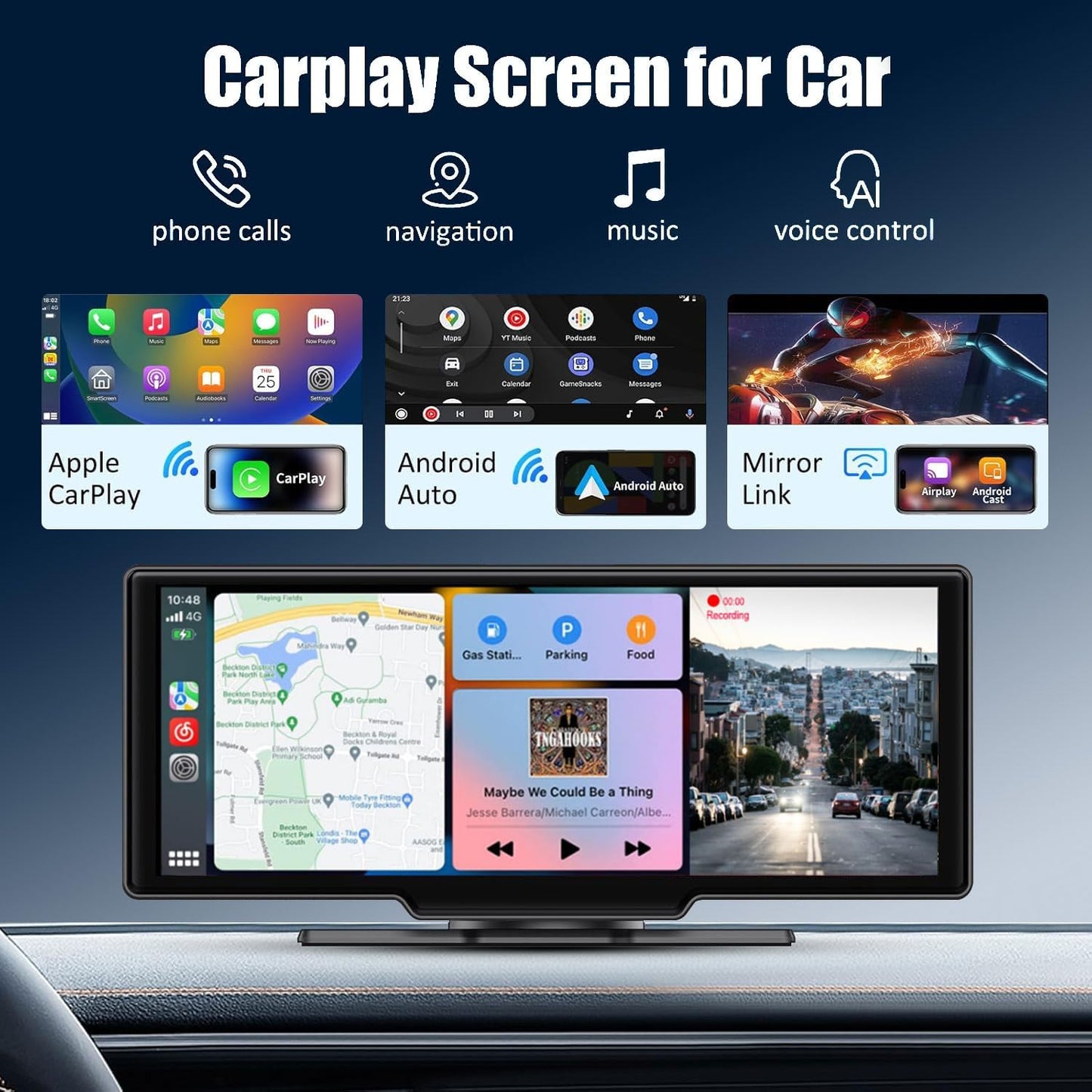 Wireless Carplay Screen for Car, 10.26" HD Touchscreen with 4K Dash Cam Portable Carplay & Android Auto Car Stereo with Backup Camera, GPS Navigation Mirror Link, Bluetooth, FM, Siri