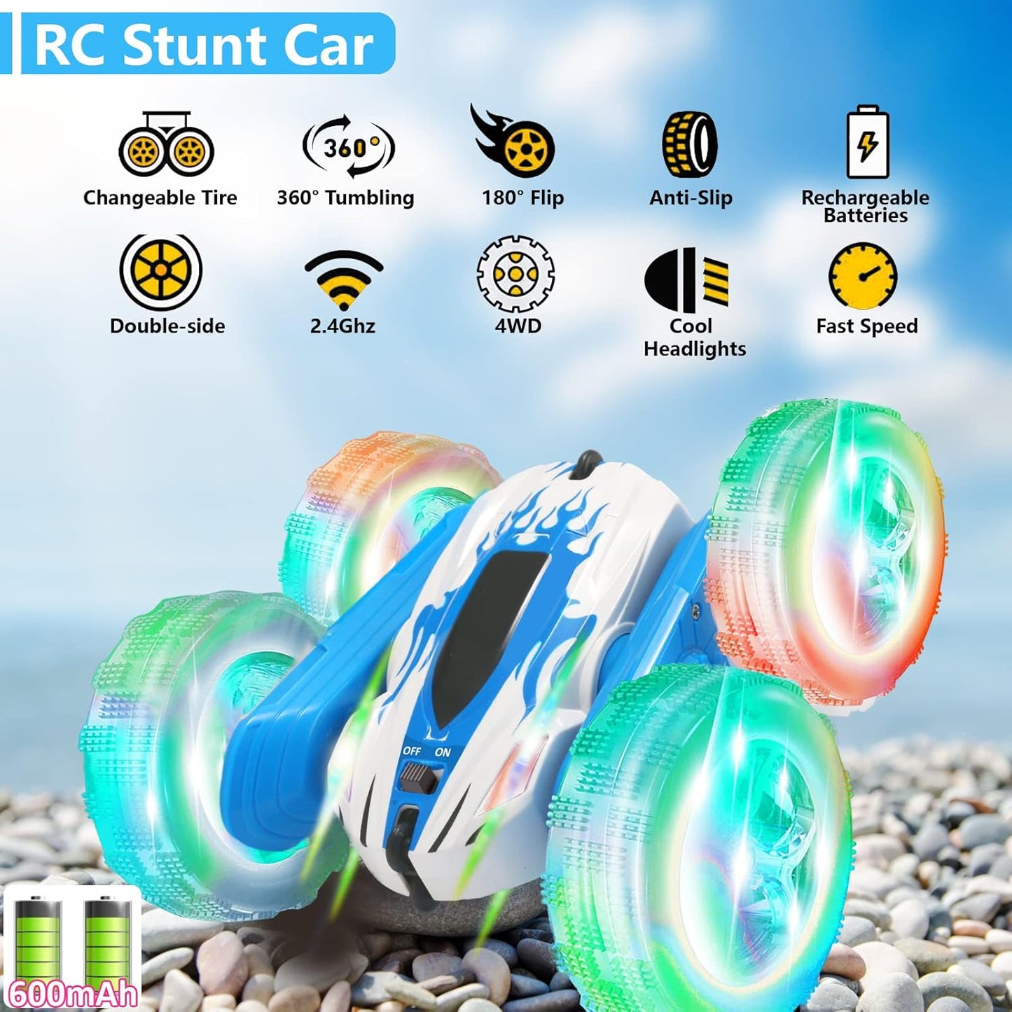 FREE TO FLY Remote Control Car For Boys: Kids RC Stunt Cars Toy with Headlights & WheelLights Double-Sided Driving 360°Flip Rotating Car Toys Gifts Presents for Boy Girls Age 6 7 8 9 10 11 12 Year Old