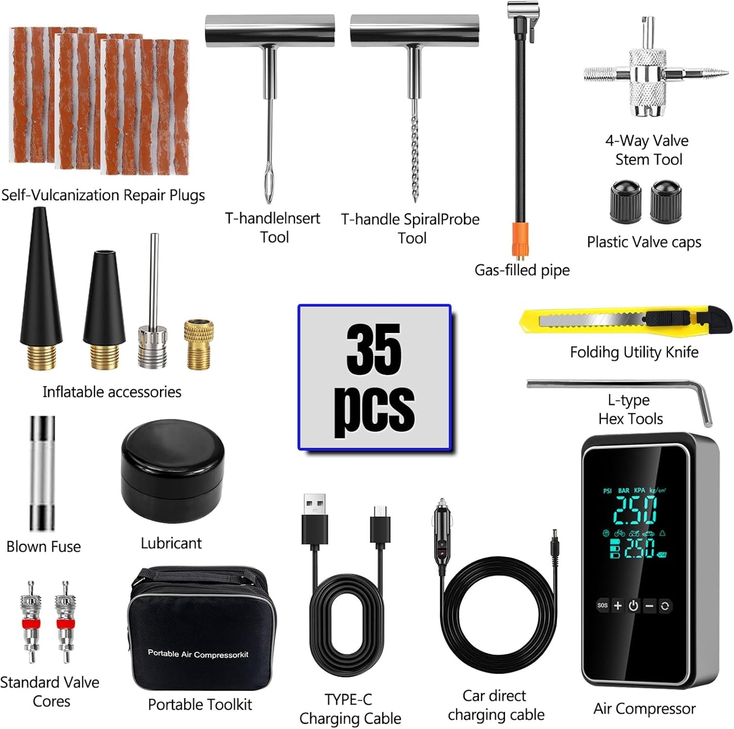 Tire Inflator Portable Air Compressor with Tire Repair Kit, 150PSI & 3X Faster Cordless Tire Pump with LCD Dual Display for Car, Bike, Motorcycle, Ball