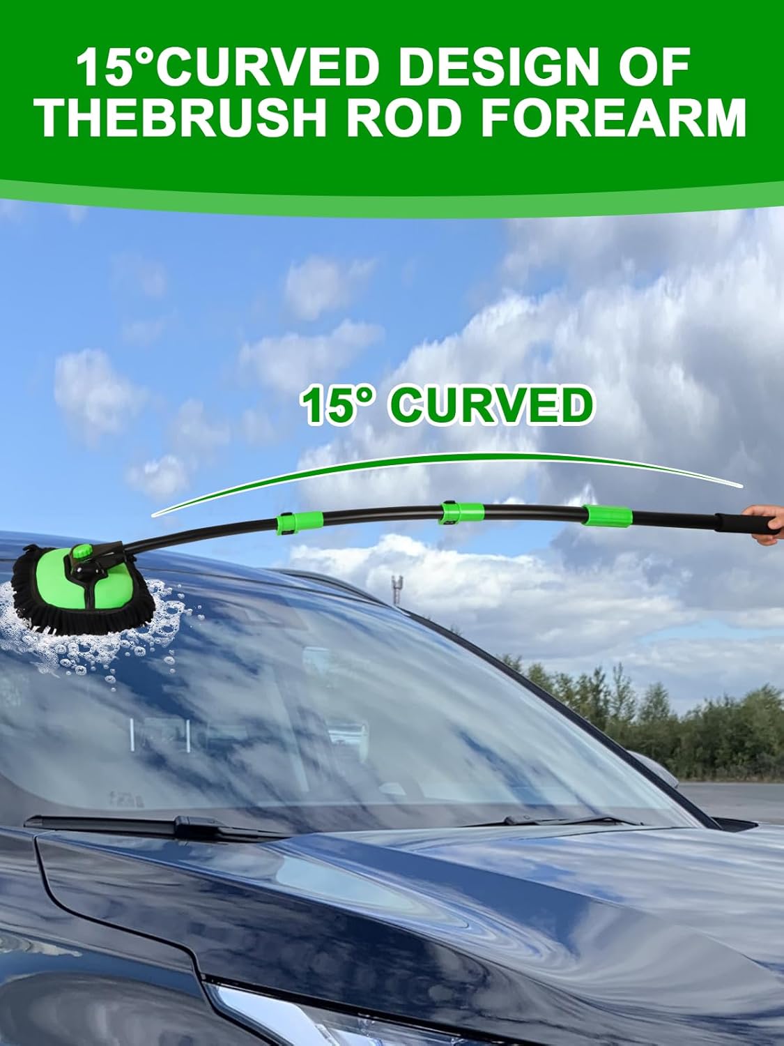 53" 15° Curved Car Wash Brush with Long Handle High Density Chenille Soft Bristle Brush Head Suitable for Cleaning Detail Roof Wheel Windshields Truck SUV RV Window