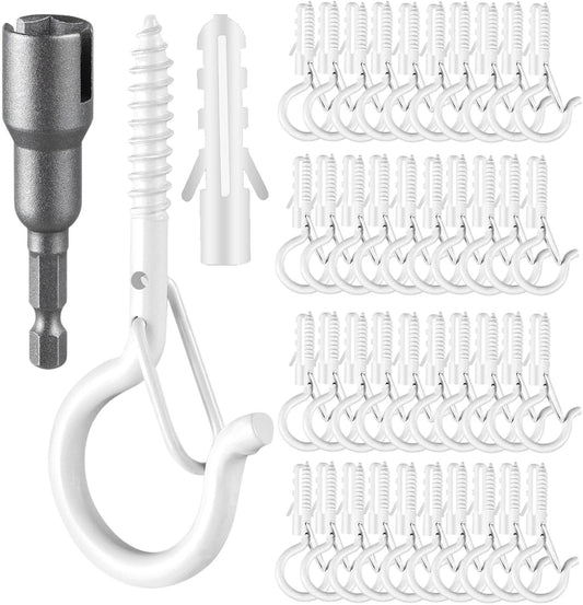 48 PCS Q-Hanger Hooks, Screw Hooks for Outdoor String Lights, Safety Buckle Design Cup Eye Hook for Hanging Christmas Lights, Plants, Mounted on Wall Ceiling, Include 1 Wing Nut Driver, White