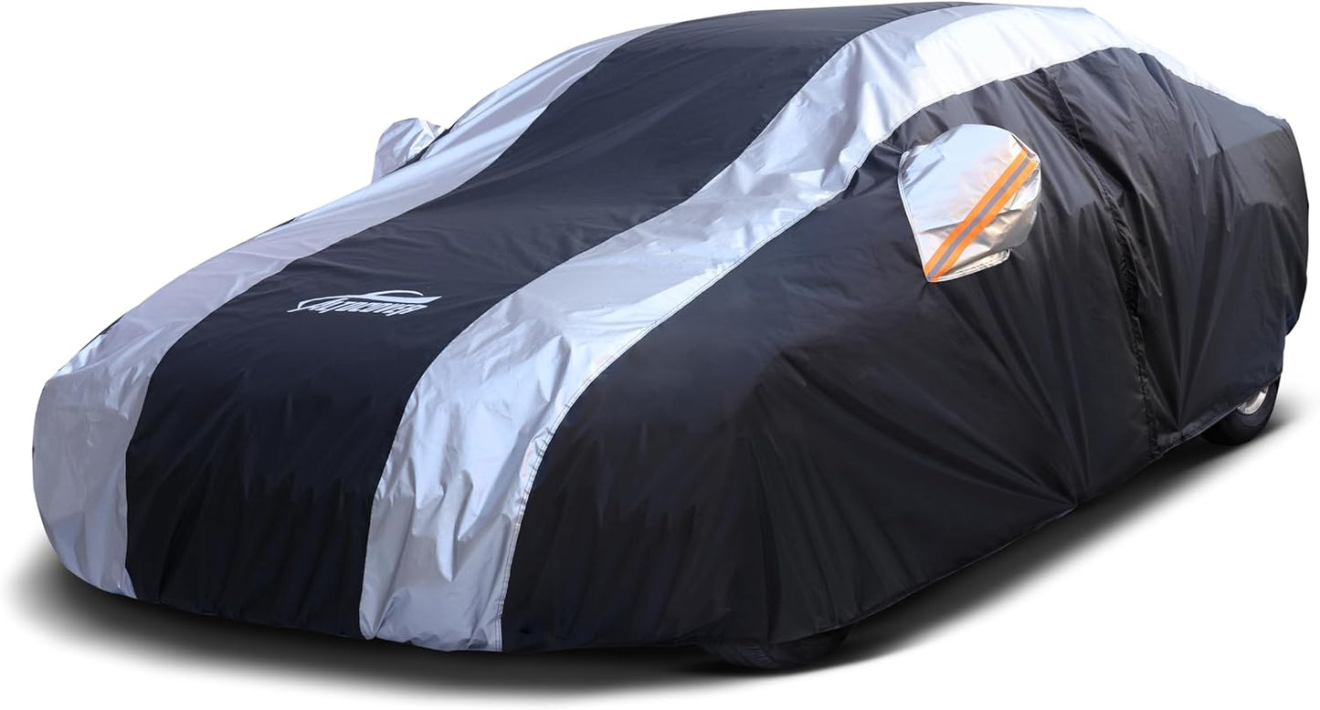 Waterproof Car Cover with Silver Stripe Design,Outdoor/Indoor Car Cover for Automobiles All Weather Waterproof Universal Fit Audi A8, Lexus LS500, Jaguar XJ,Benz S-Class