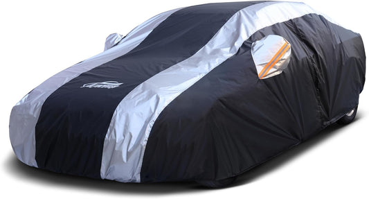 Waterproof Car Cover with Silver Stripe Design,Outdoor/Indoor Car Cover for Automobiles All Weather Waterproof Universal Fit Audi A8, Lexus LS500, Jaguar XJ,Benz S-Class
