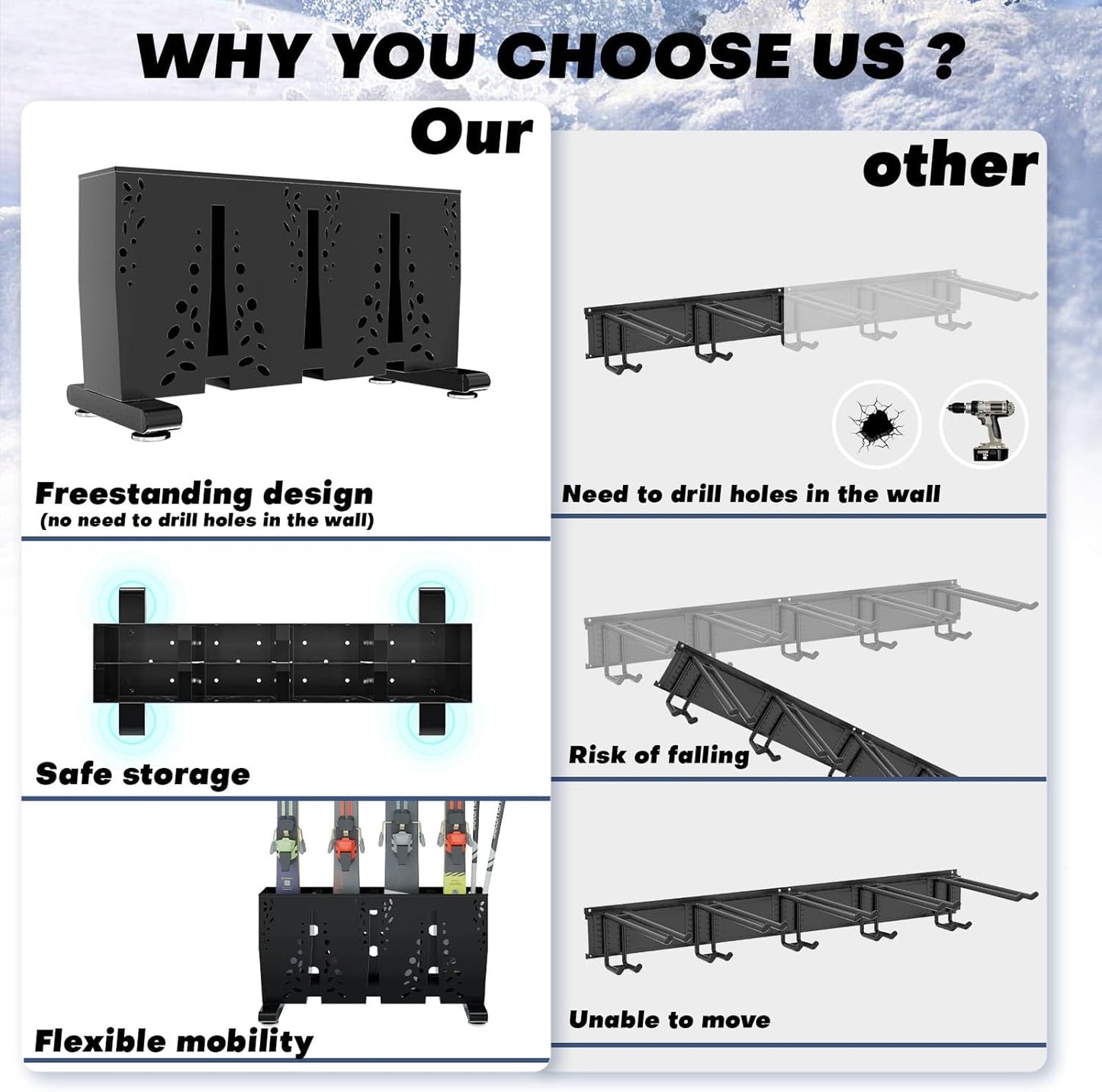 Heavy Duty Metal Ski Storage Rack, 4 Pair Freestanding Steel Ski Holder, Floor Stand Ski Organizer Rack, Snowboard Floor Stand Organizer for Garage and Home