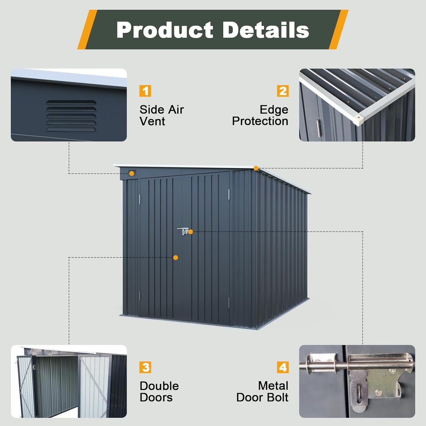 6x8FT Outdoor Storage Shed with Lockable Double Doors, Metal Lean to Garden Shed with Free PC Light Board for Tools, Small Outside Storage Shed Waterproof for Backyard, Garden, Patio