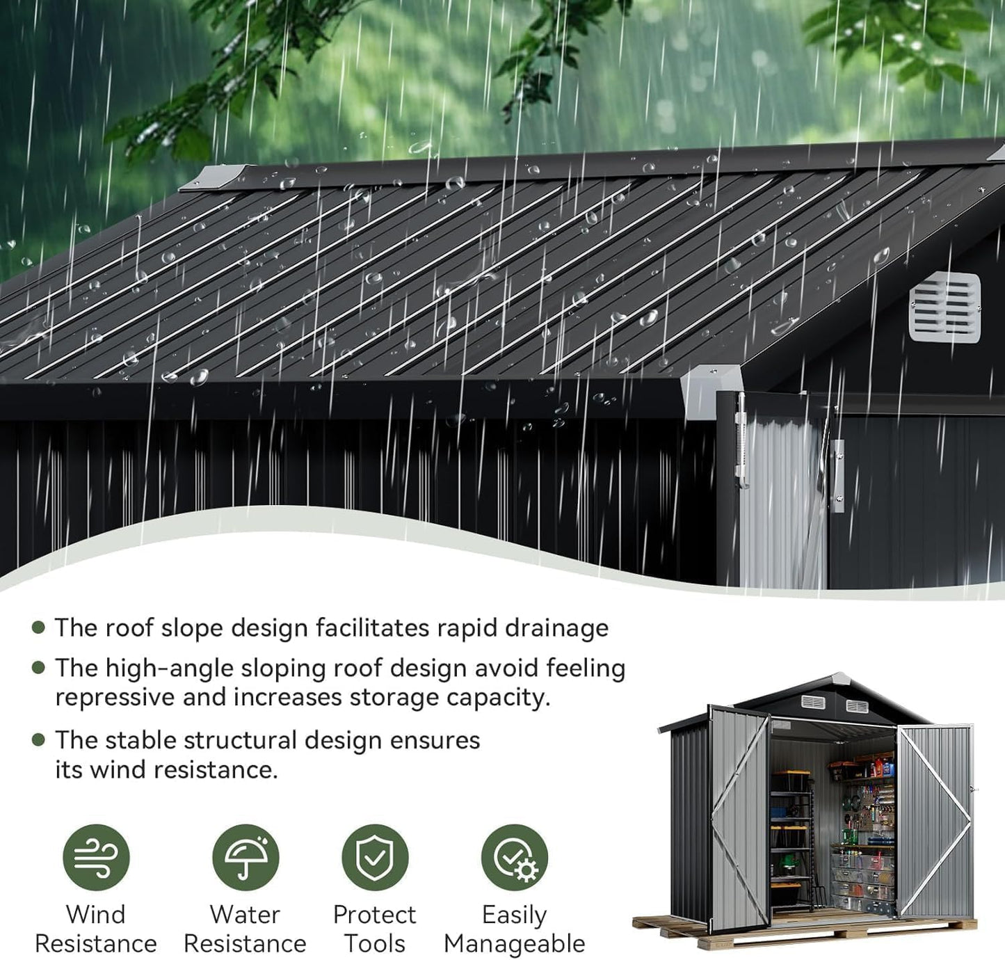 Aoxun 6'x4' Outdoor Storage Shed with Base Galvanized Steel Metal Garden Shed for Patio, Lawn & Garden Black, 6' x 4'W/Base