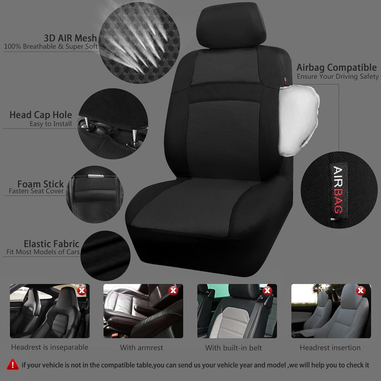 CAR PASS 3D Air Mesh Car Seat Covers Full Sets w/5mm Sponge, 4Pcs Waterproof Car Floor Mats, Steering Wheel Cover Universal Fit for SUV Sedan Truck, Airbag Compatible Automotive Interior(Black)