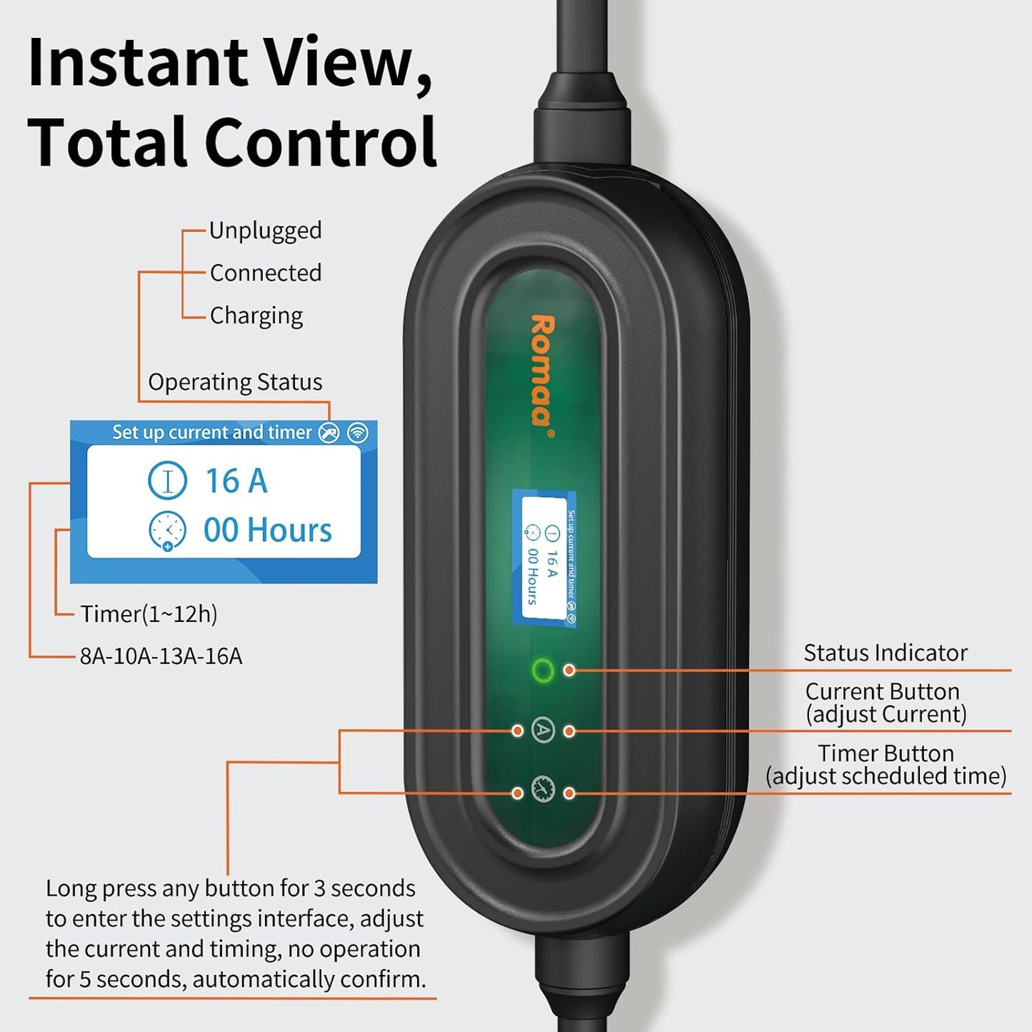Level 1&2 Portable EV Charger (APP Control & Timer), Adjustable 8-16A 110V-240V, Dual Plugs: NEMA 6-20 & 5-15, 25FT Charging Cable w/ J1772 Connector, ETL/FCC Certified for All EVs/PHEVs