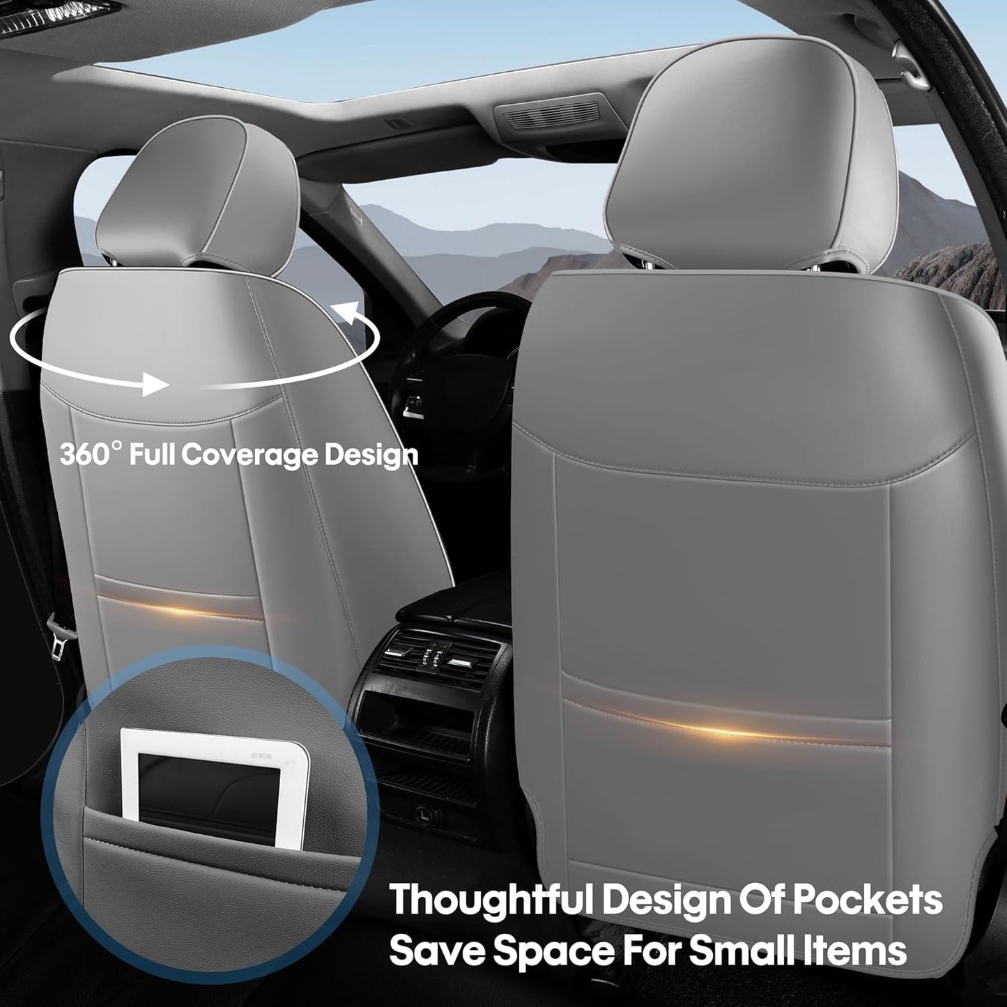 AOOG Front Seat Covers, Car Seat Covers Front Seats, Leather Seat Covers for Cars, Waterproof Seat Covers with Lumbar Support Universal Fit for Most Cars SUV Trucks(Front Pair, Grey)