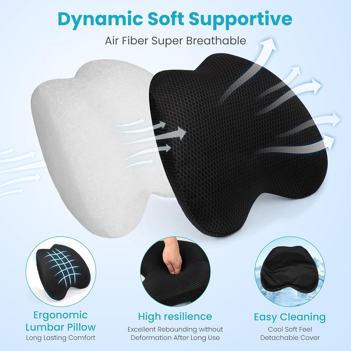 Lumbar Support Pillow Office Chair Car Back Pillow Ergonomic Lower Back Pain Relief Breathable Air Fiber Cushion with Hours Sitting on Worker Driver & Handicapped, Adjustable Strap (Black)