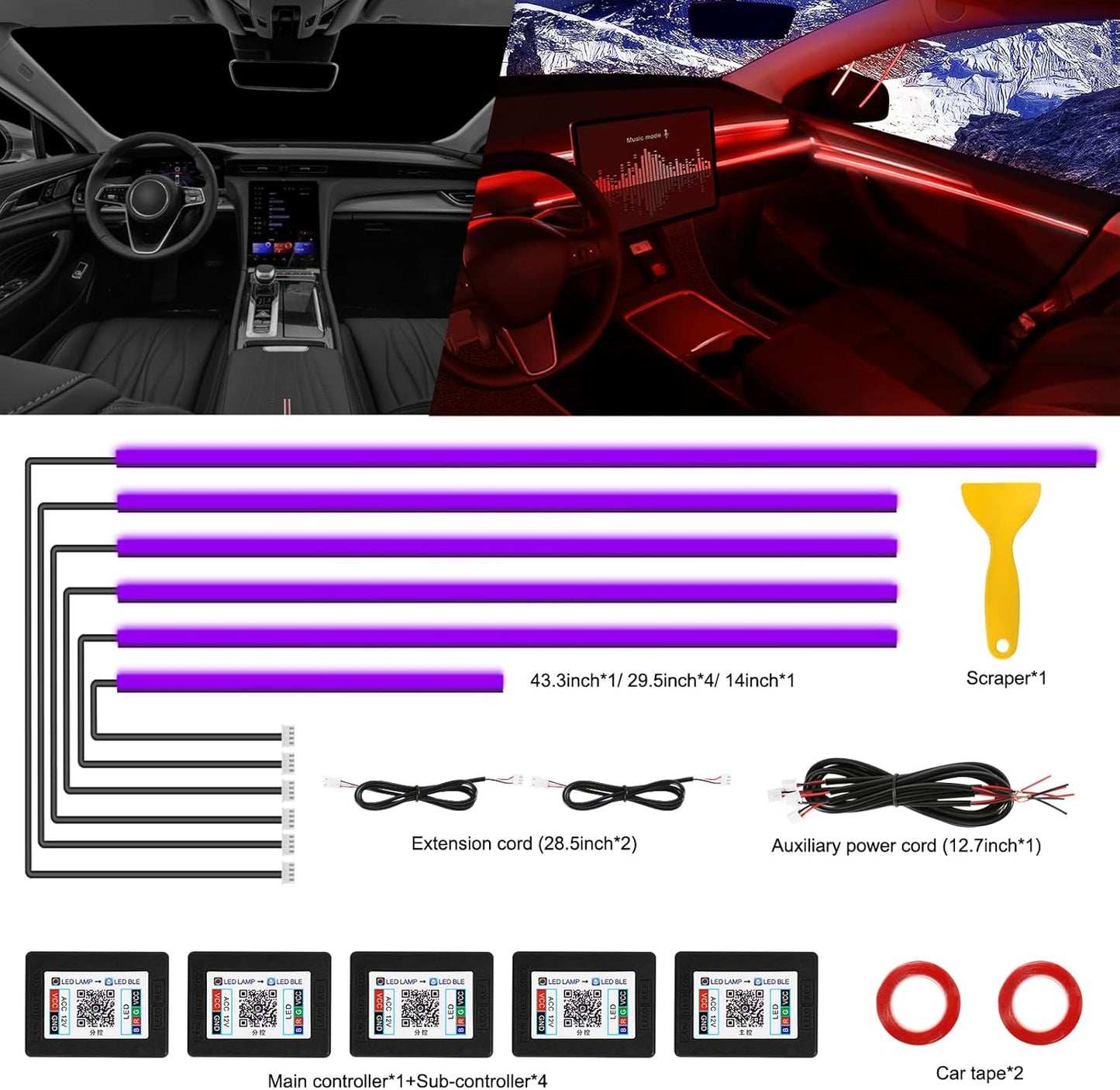 Acrylic Interior Car LED Strip Light with Wireless APP, Car Accessories 6 in 1 with 175 inches 593 LEDs Fiber Optic Ambient Lighting Kits, RGB Dynamic Music Sync Neon LED Strip Light for Car