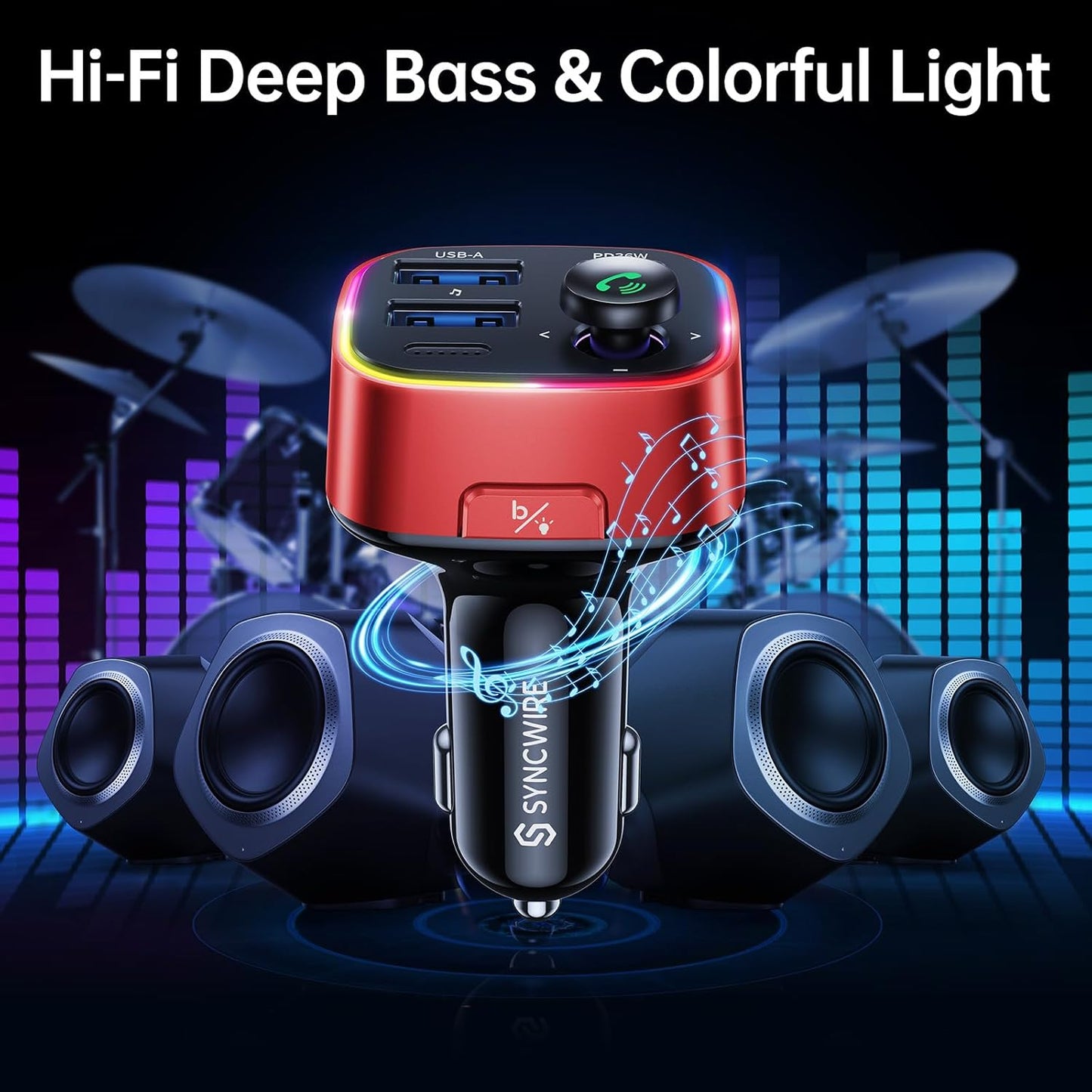 Syncwire Bluetooth 5.3 FM Transmitter Car Adapter 48W (PD 36W & 12W) [Light Switch] [Hi-Fi Deep Bass] [Fast Charge] Wireless Radio Music Adapter LED Display Hands-Free Calling Support USB Drive, Red