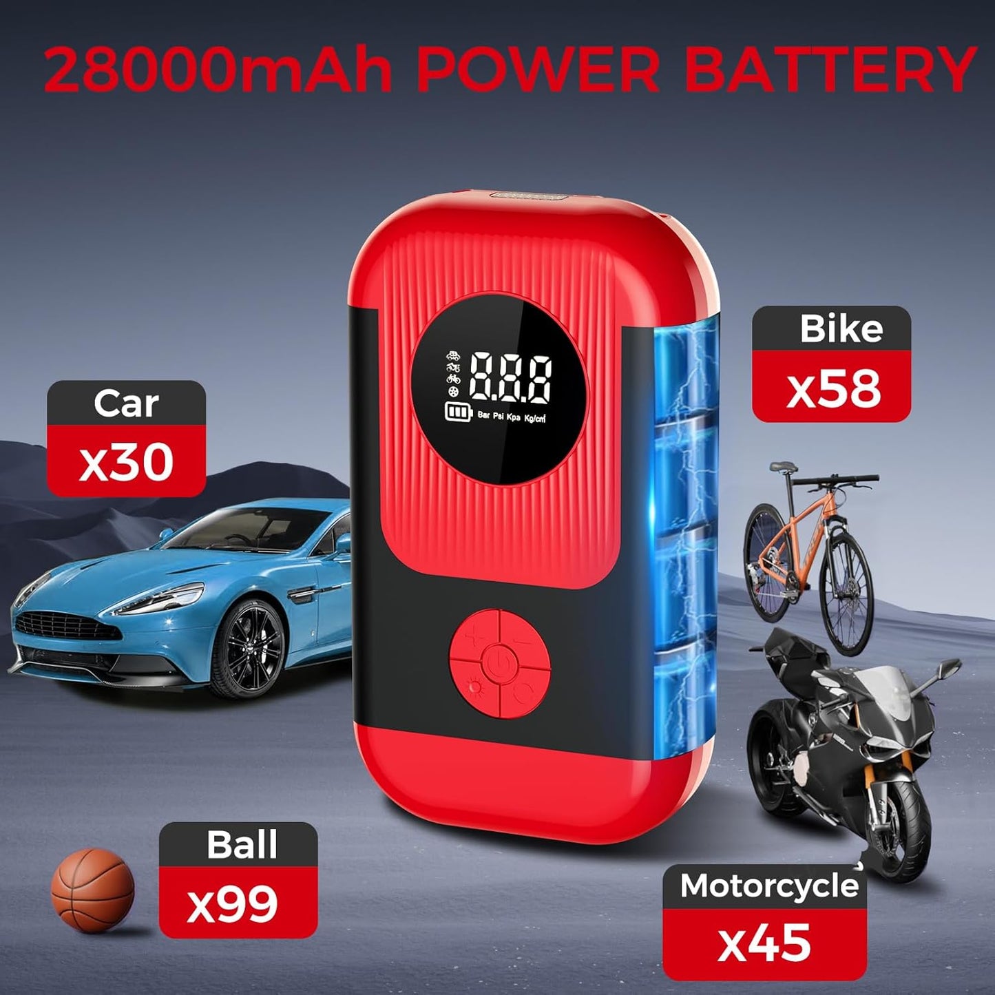 Tire Inflator Portable Air Compressor & Car Jump Starter, Cordless Air Pump with LED Light & Pressure Gauge for Auto,Motorcycles,Bikes,Balls, Emergency Battery Booster & Phone Charger,150PSI