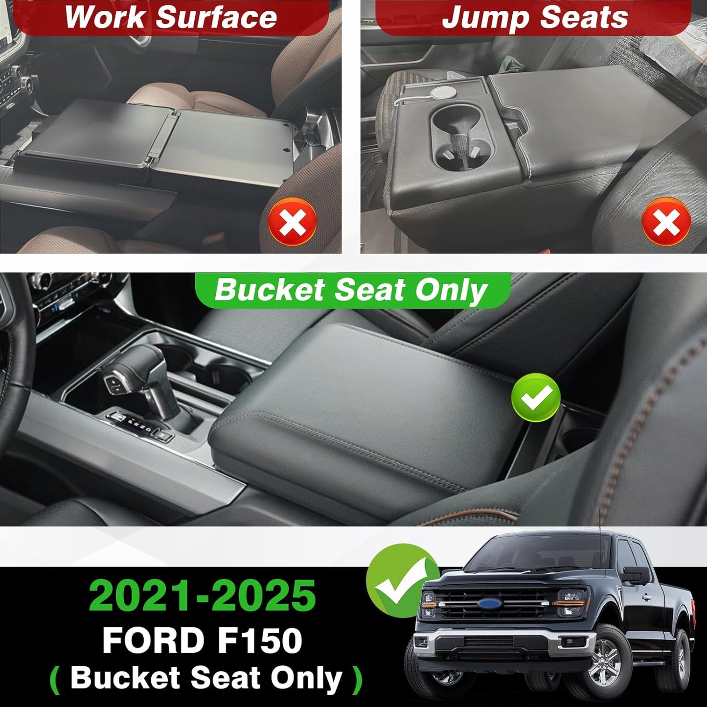 Muslogy Center Console Armrest Cover Compatible with Ford F150 2021-2024 2025 Comfort Armrest Pad Arm Rest Cushion Vegan Leather Protector 1-Inch Extra Thick(Bucket Seat ONLY)