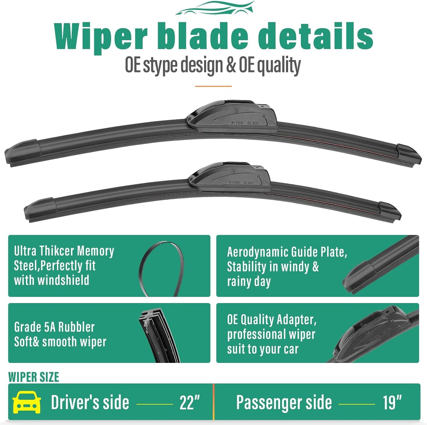 22" 19" 10" Windshield Wiper Blades Replacement for Mazda CX3 CX-3 2016 2017 2018 2019 2020 2021 Premium All Weather Front Rear Wipers Set - OEM Quality (Pack of 3)