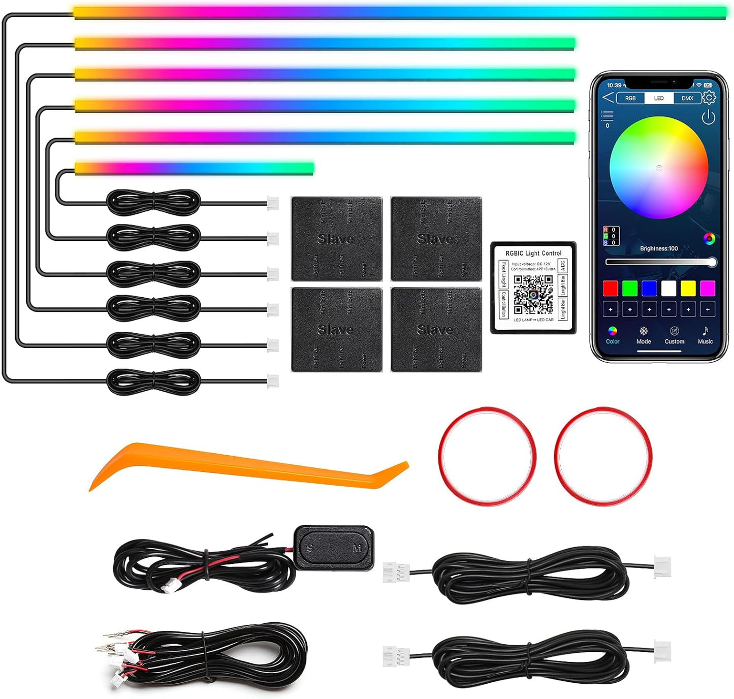 Dreamcolor Acrylic Interior Car LED Strip Light with Wireless APP, RGB 6 in 1 with 175 inches 612 LEDs Fiber Optic Car Ambient Lighting Kits, Dynamic Chasing Music Sync Neon LED Strip Lights for Car