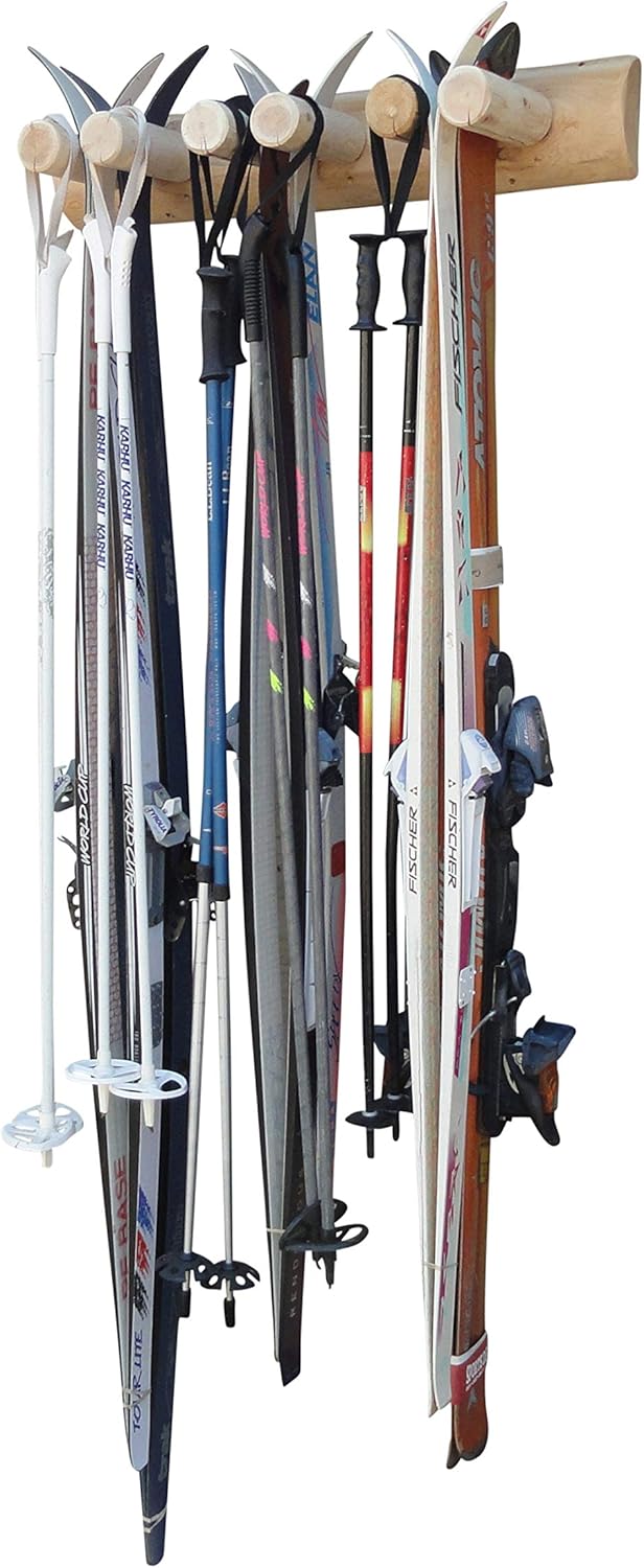 6-Place Log Ski Rack Wall Mount, Indoor Ski Storage Rack for Garage Organizers, Wooden Skis Wall Mount Storage Racks, Pole Skis Sports Racks, Garage Organization Walls - Natural